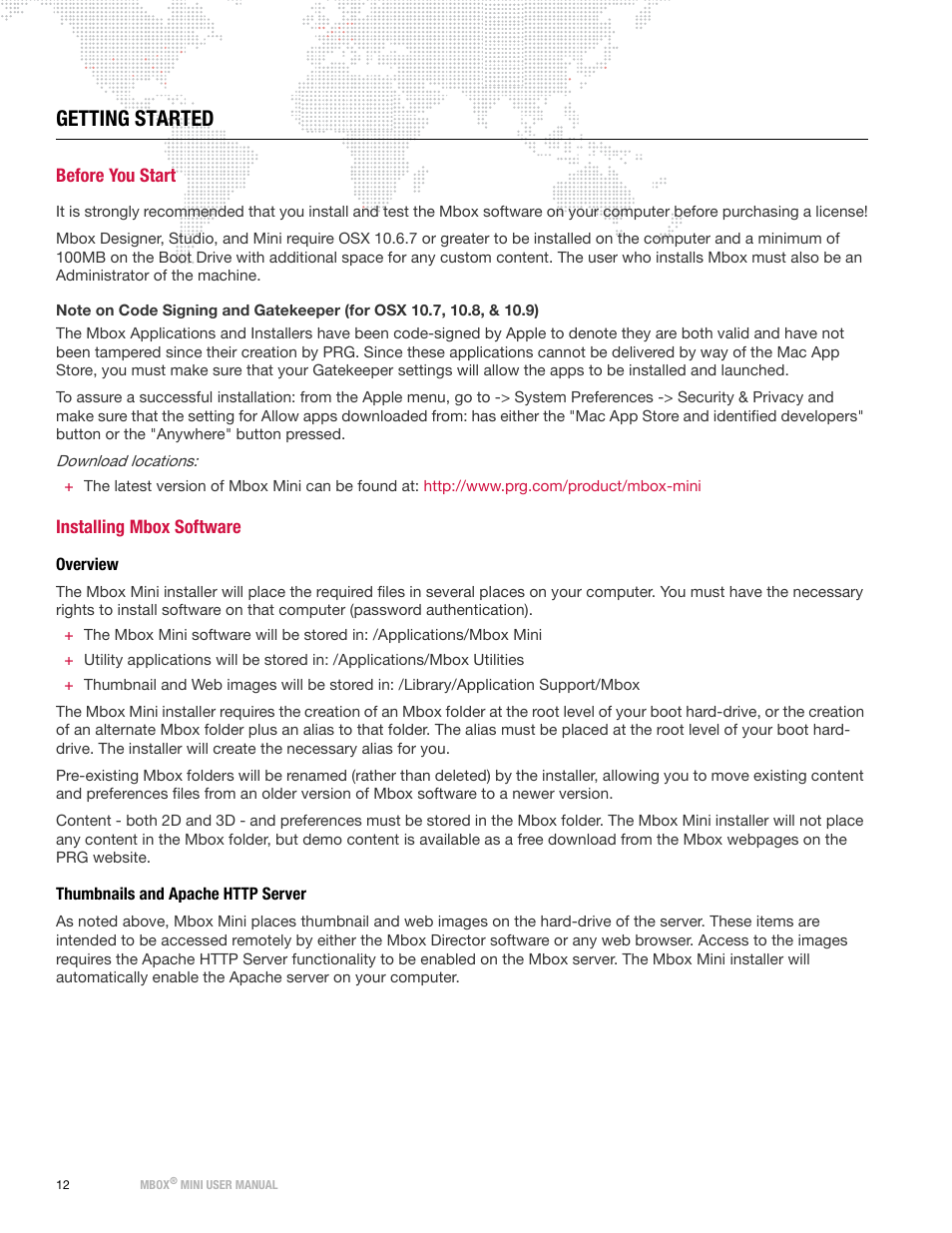 Getting started, Before you start, Installing mbox software | Overview, Thumbnails and apache http server, Before you start installing mbox software, Overview thumbnails and apache http server | PRG Mbox Mini Manual 3.8 User Manual | Page 20 / 192