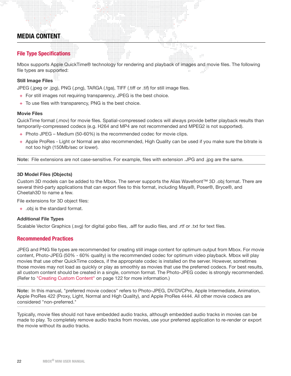 Media content, File type specifications, Recommended practices | File type specifications recommended practices | PRG Mbox Mini Manual 3.8 User Manual | Page 30 / 192