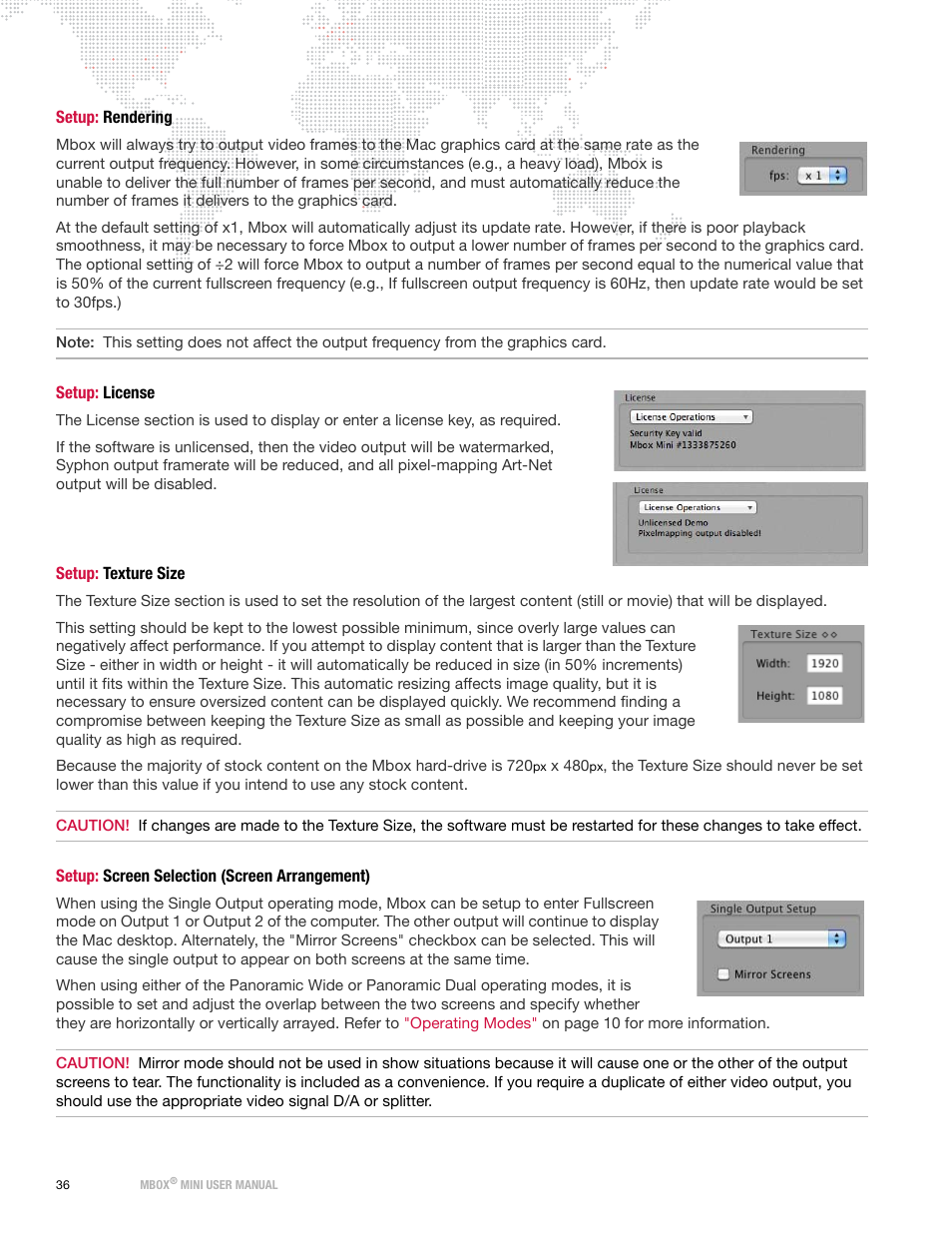 Setup: rendering, Setup: license, Setup: texture size | Setup: screen selection (screen arrangement) | PRG Mbox Mini Manual 3.8 User Manual | Page 44 / 192
