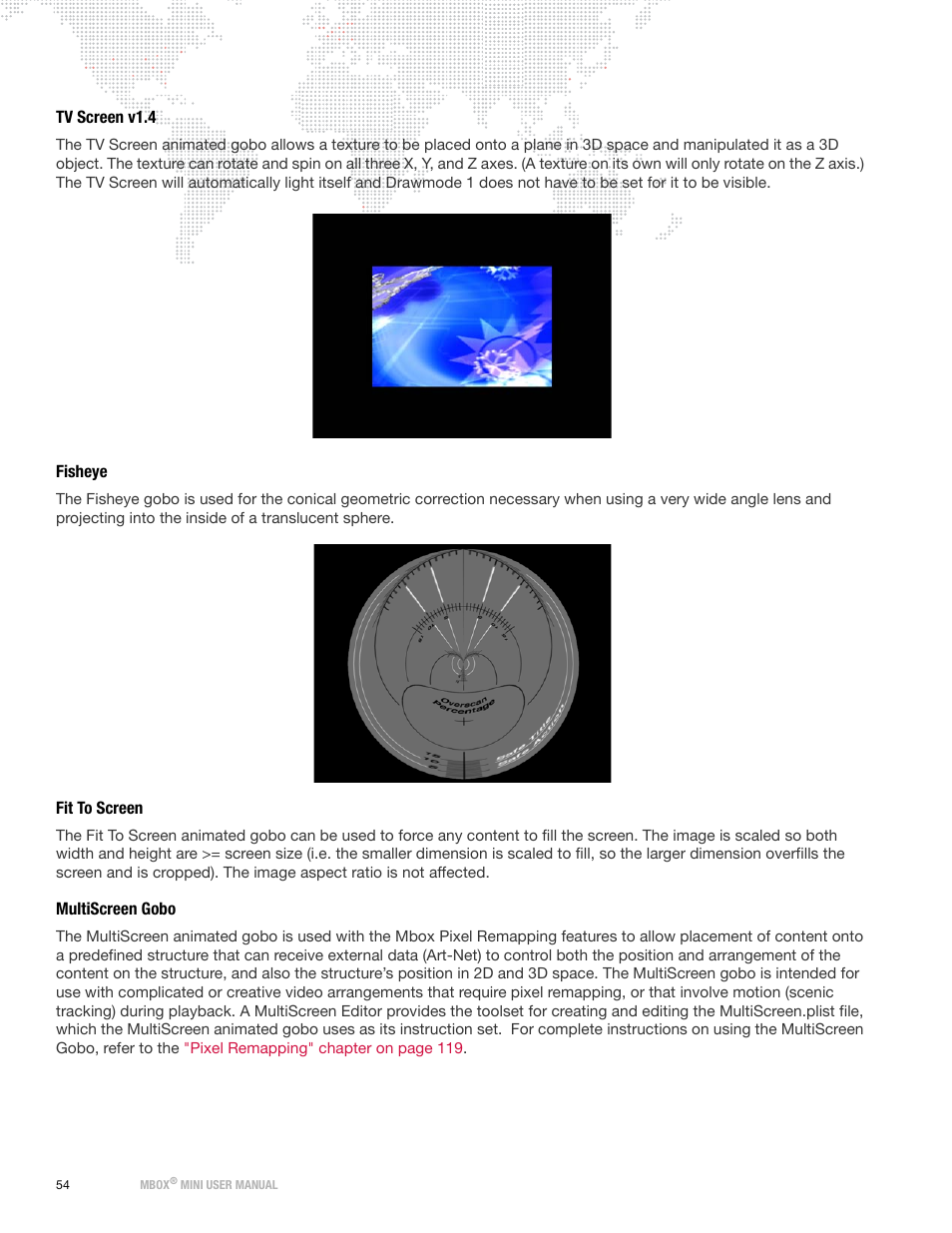 Tv screen v1.4, Fisheye, Fit to screen | Multiscreen gobo | PRG Mbox Mini Manual 3.8 User Manual | Page 62 / 192