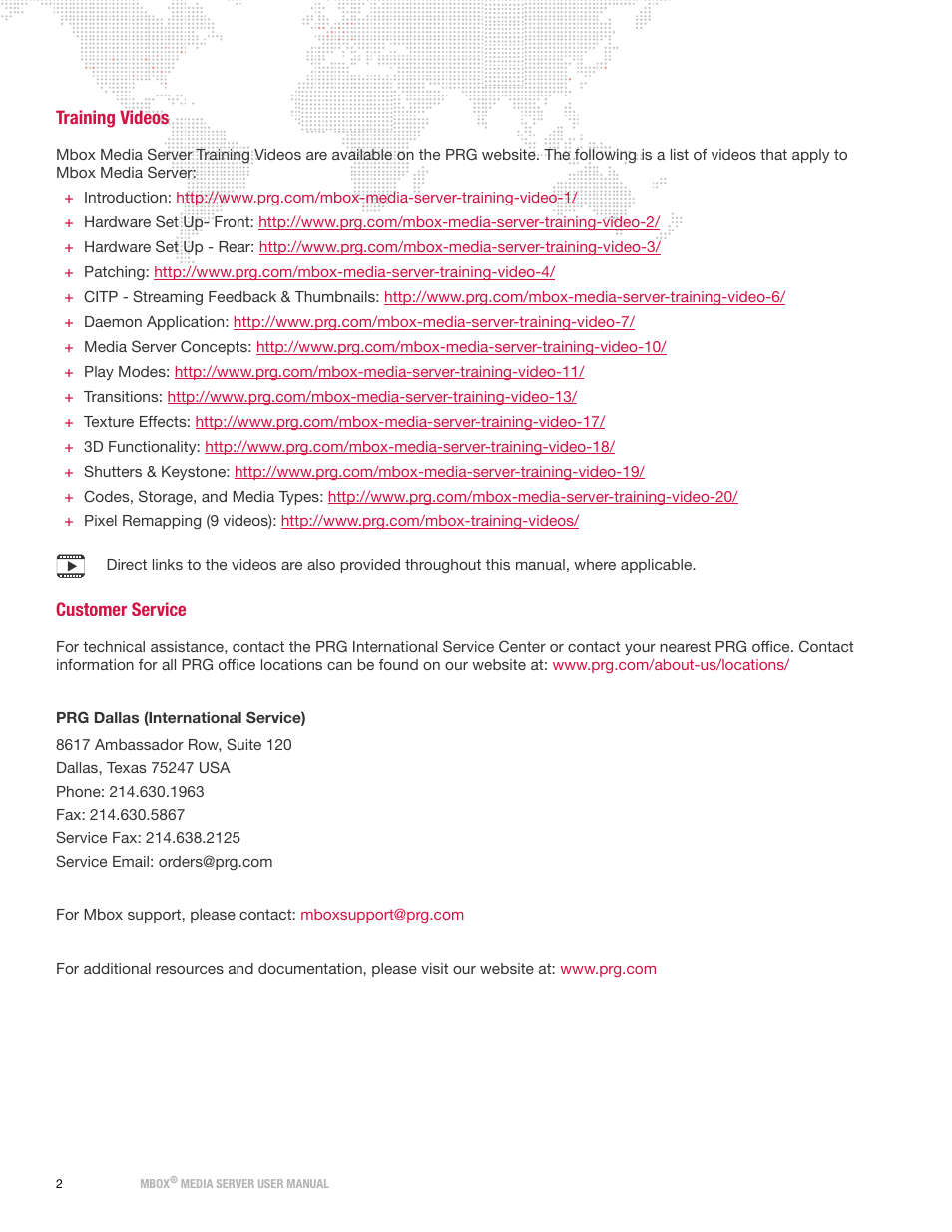 Training videos, Customer service, Training videos customer service | PRG Mbox Designer User Manual v3.7 User Manual | Page 10 / 232