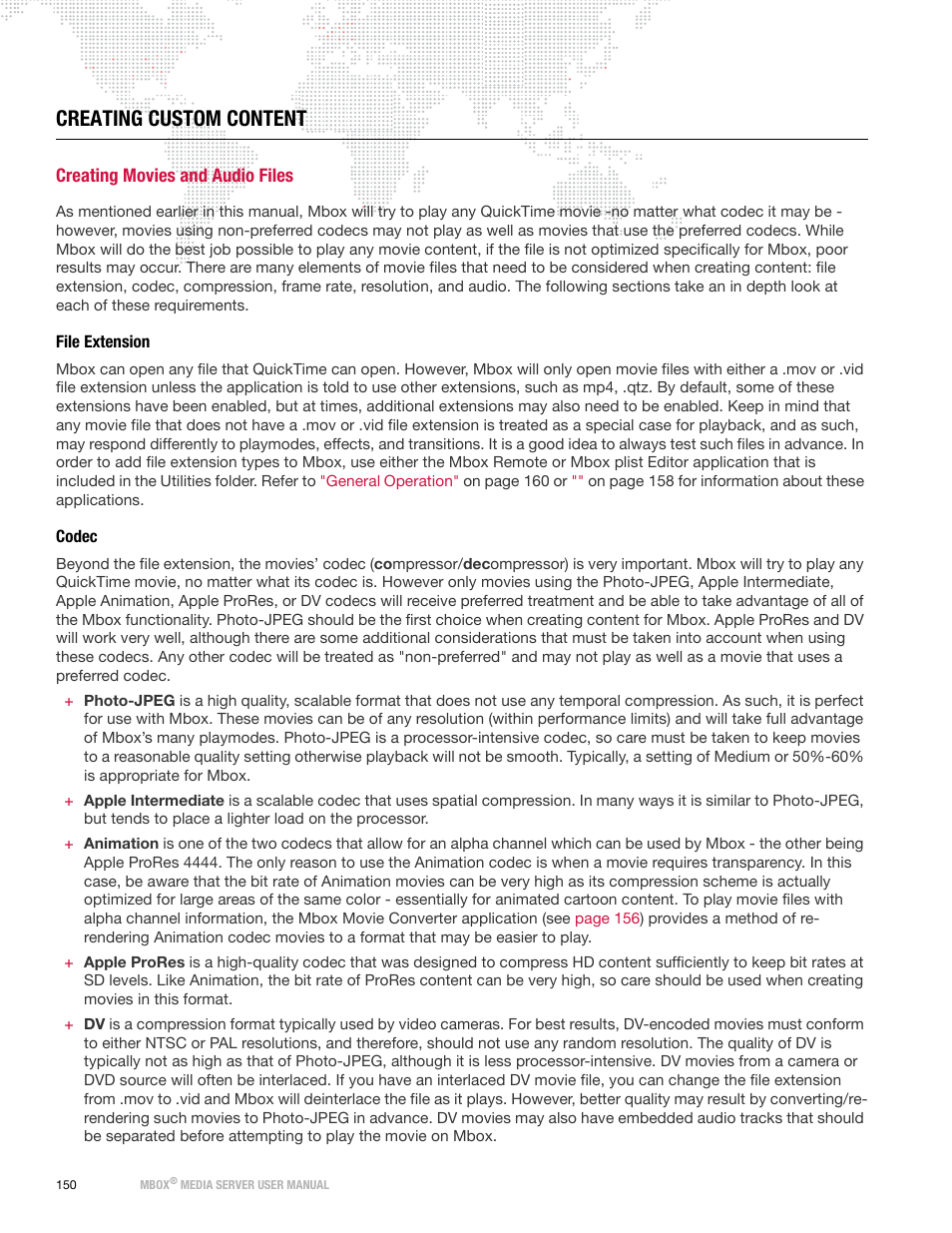 Creating custom content, Creating movies and audio files, File extension | Codec, File extension codec | PRG Mbox Designer User Manual v3.7 User Manual | Page 158 / 232