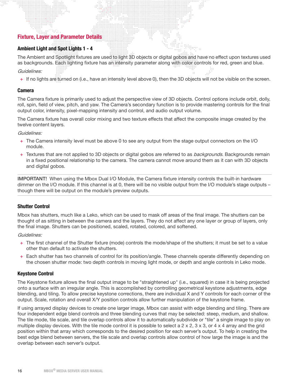 Fixture, layer and parameter details, Ambient light and spot lights 1 - 4, Camera | Shutter control, Keystone control | PRG Mbox Designer User Manual v3.7 User Manual | Page 24 / 232