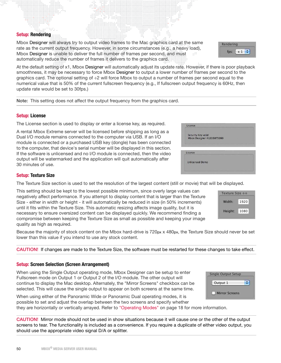 Setup: rendering, Setup: license, Setup: texture size | Setup: screen selection (screen arrangement) | PRG Mbox Designer User Manual v3.7 User Manual | Page 58 / 232