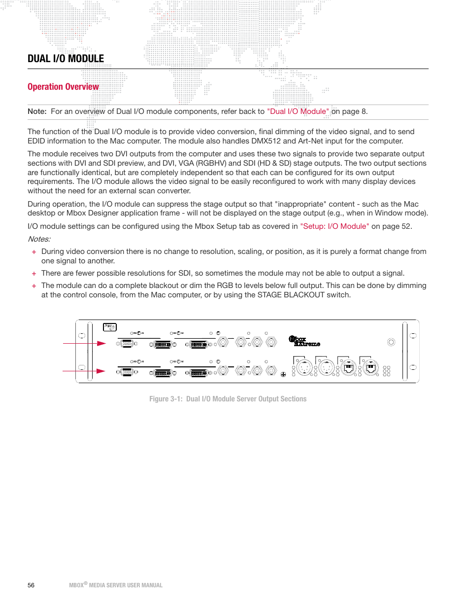 Dual i/o module, Operation overview, 56 mbox | Media server user manual, Server output 1 server output 2 | PRG Mbox Designer User Manual v3.7 User Manual | Page 64 / 232