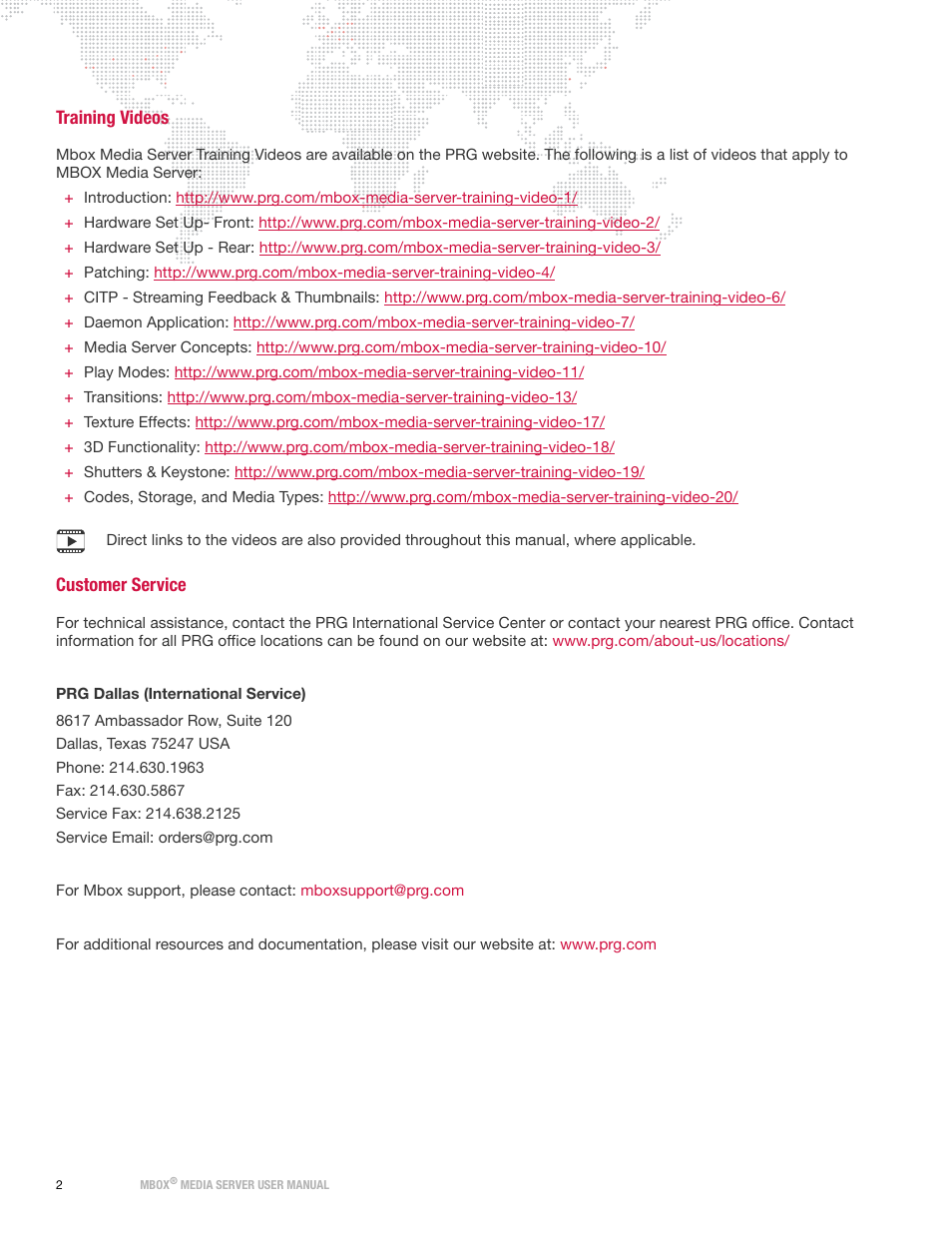 Training videos, Customer service, Training videos customer service | PRG Mbox Designer User Manual v3.6.1 User Manual | Page 10 / 174