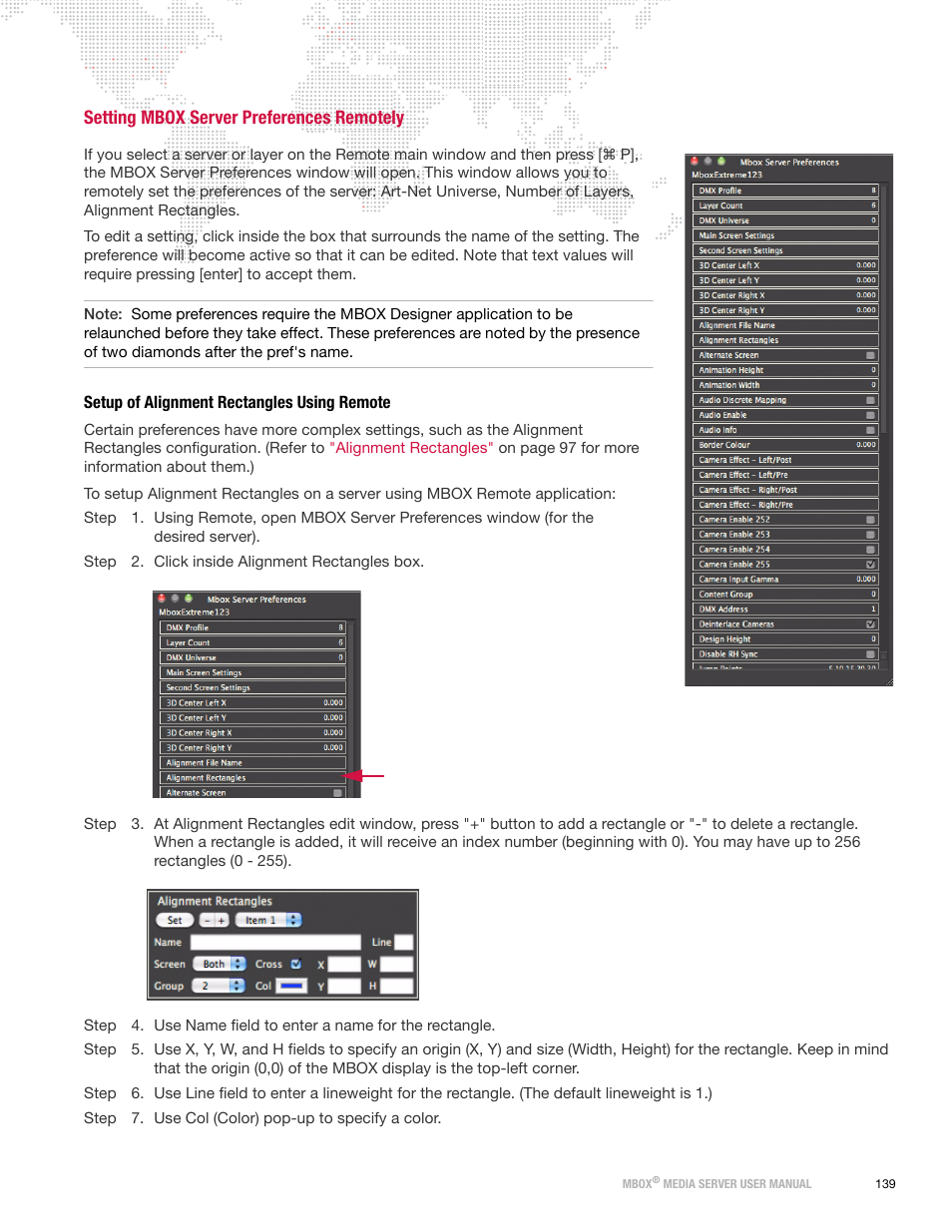 Setting mbox server preferences remotely, Setup of alignment rectangles using remote, Setting | Mbox server preferences remotely, Fer to | PRG Mbox Designer User Manual v3.6.1 User Manual | Page 147 / 174