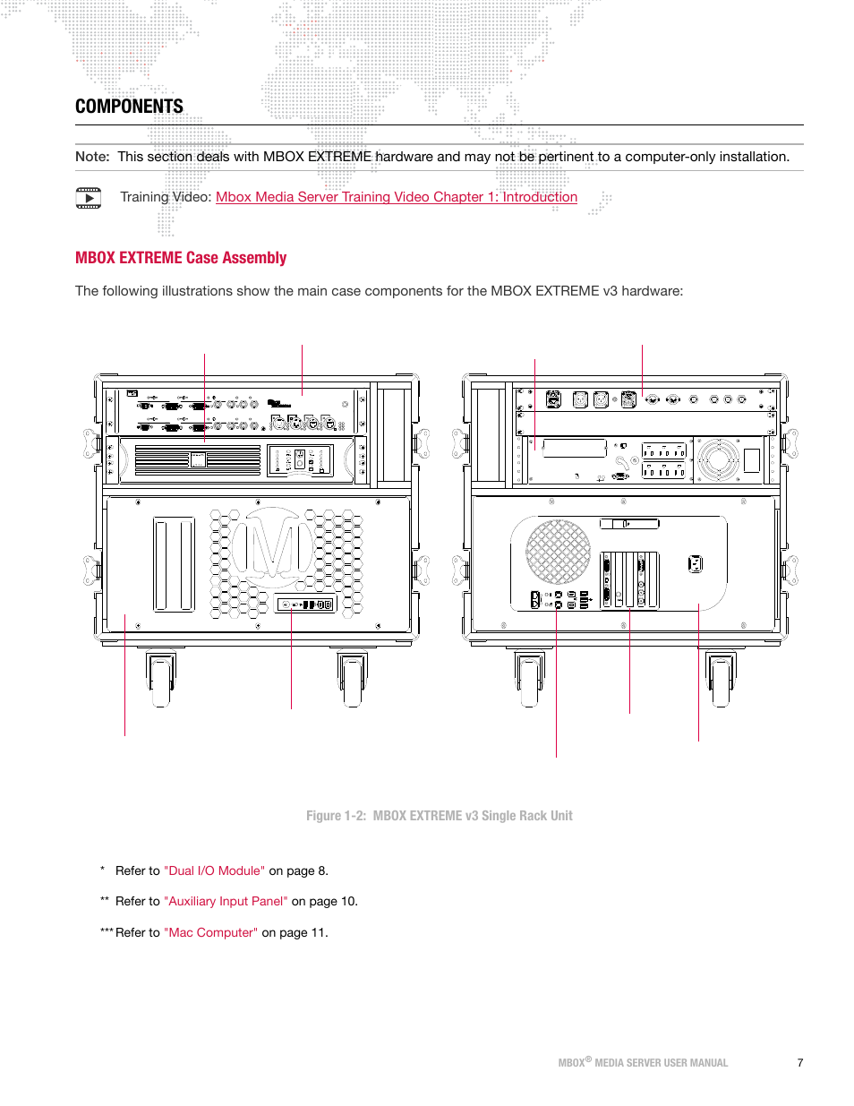 Components, Mbox extreme case assembly, Ba p re v ie w 1 | V g a 1, D vi 1 rdm tx, Out in dmx rx rdm rx, T m in out, Mbox, Media server user manual 7 | PRG Mbox Designer User Manual v3.6.1 User Manual | Page 15 / 174