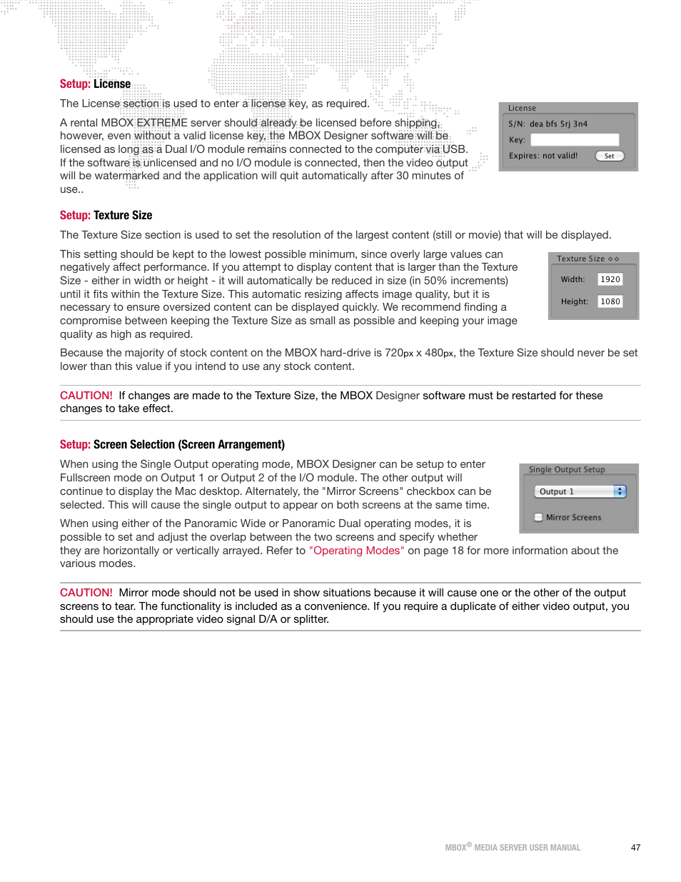 Setup: license, Setup: texture size, Setup: screen selection (screen arrangement) | PRG Mbox Designer User Manual v3.6.1 User Manual | Page 55 / 174