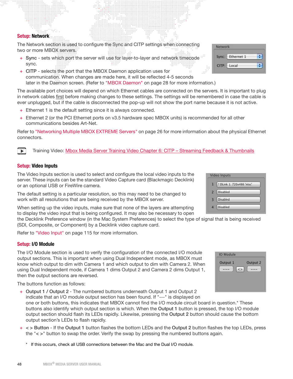 Setup: network, Setup: video inputs, Setup: i/o module | PRG Mbox Designer User Manual v3.6.1 User Manual | Page 56 / 174