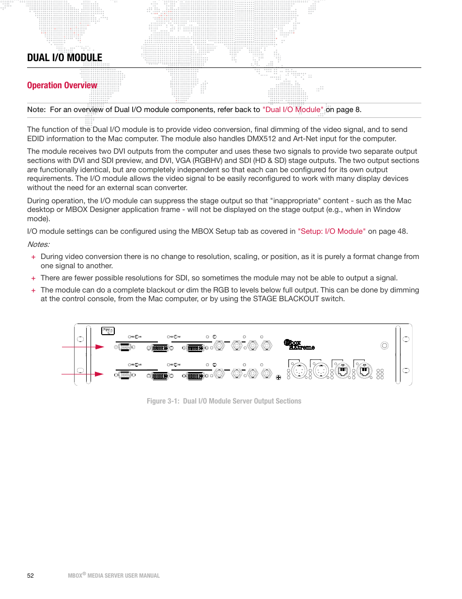 Dual i/o module, Operation overview, 52 mbox | Media server user manual, Server output 1 server output 2 | PRG Mbox Designer User Manual v3.6.1 User Manual | Page 60 / 174