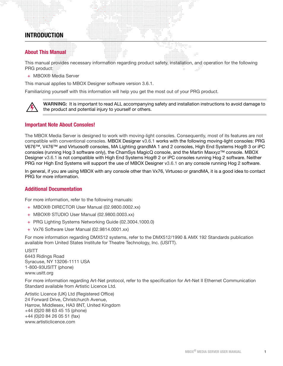 Introduction, About this manual, Important note about consoles | Additional documentation | PRG Mbox Designer User Manual v3.6.1 User Manual | Page 9 / 174