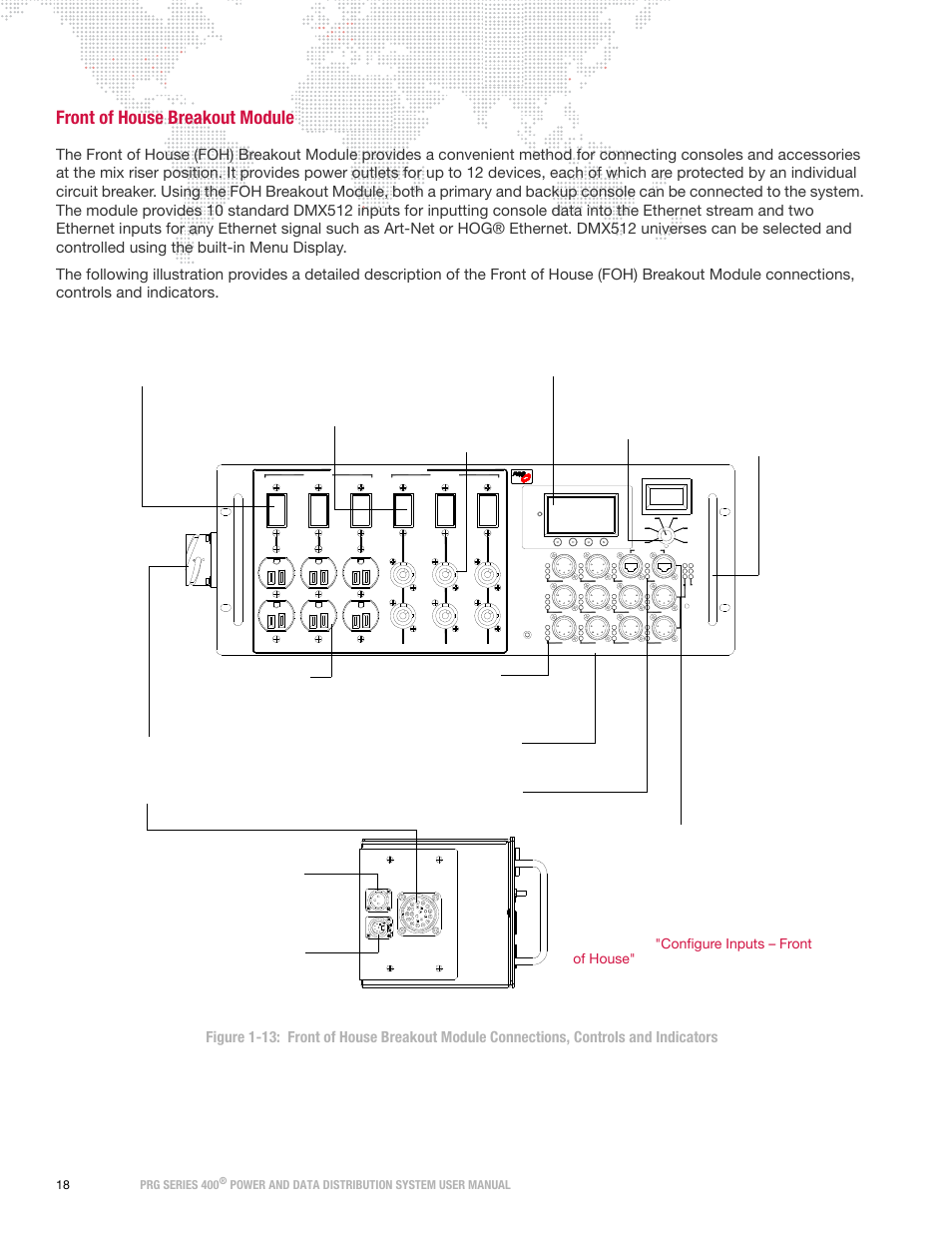 Front of house breakout module, Configure inputs – front of house, Power and data distribution system user manual | PRG S400 User Manual 3.1 User Manual | Page 24 / 66