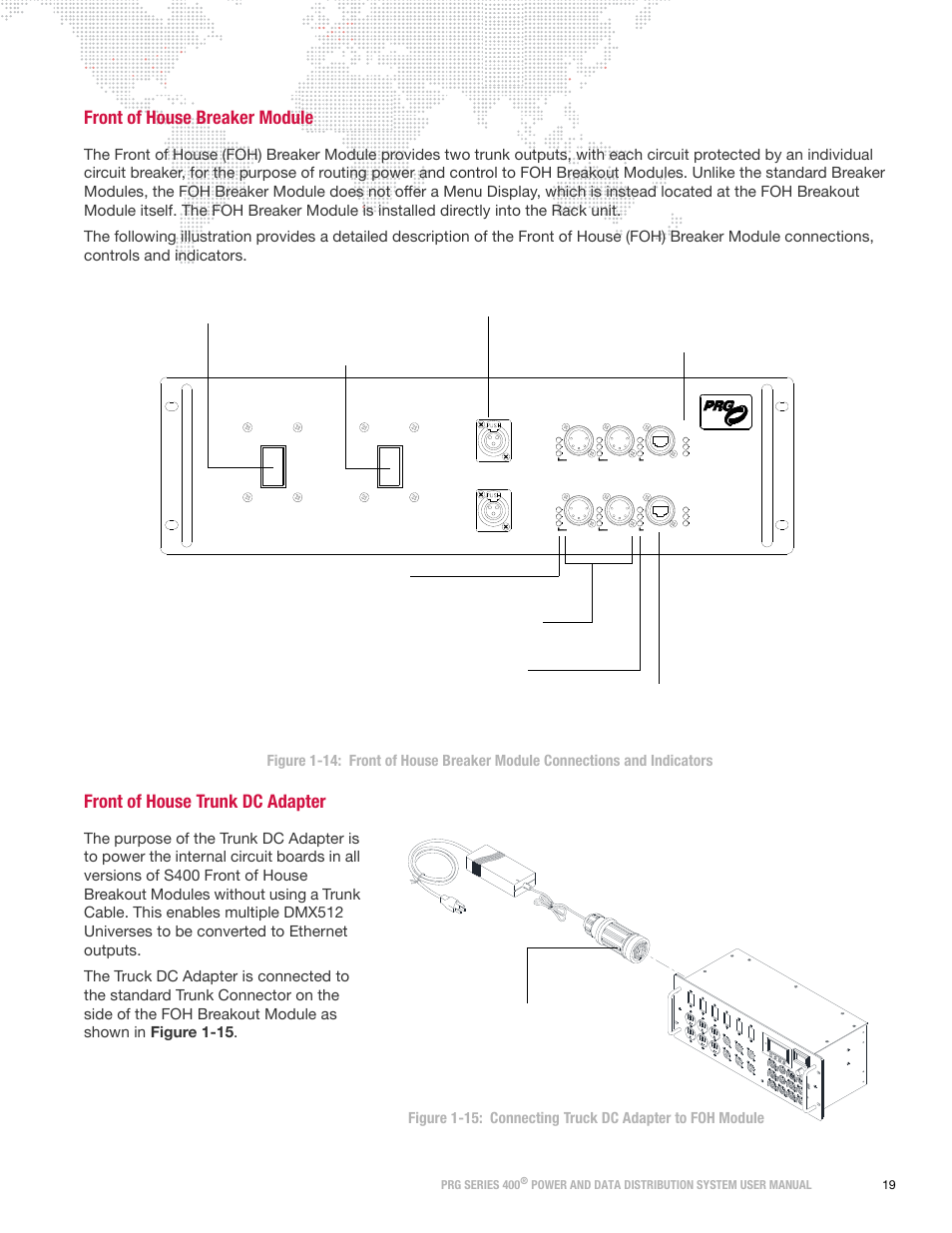 Front of house breaker module, Front of house trunk dc adapter | PRG S400 User Manual 3.1 User Manual | Page 25 / 66