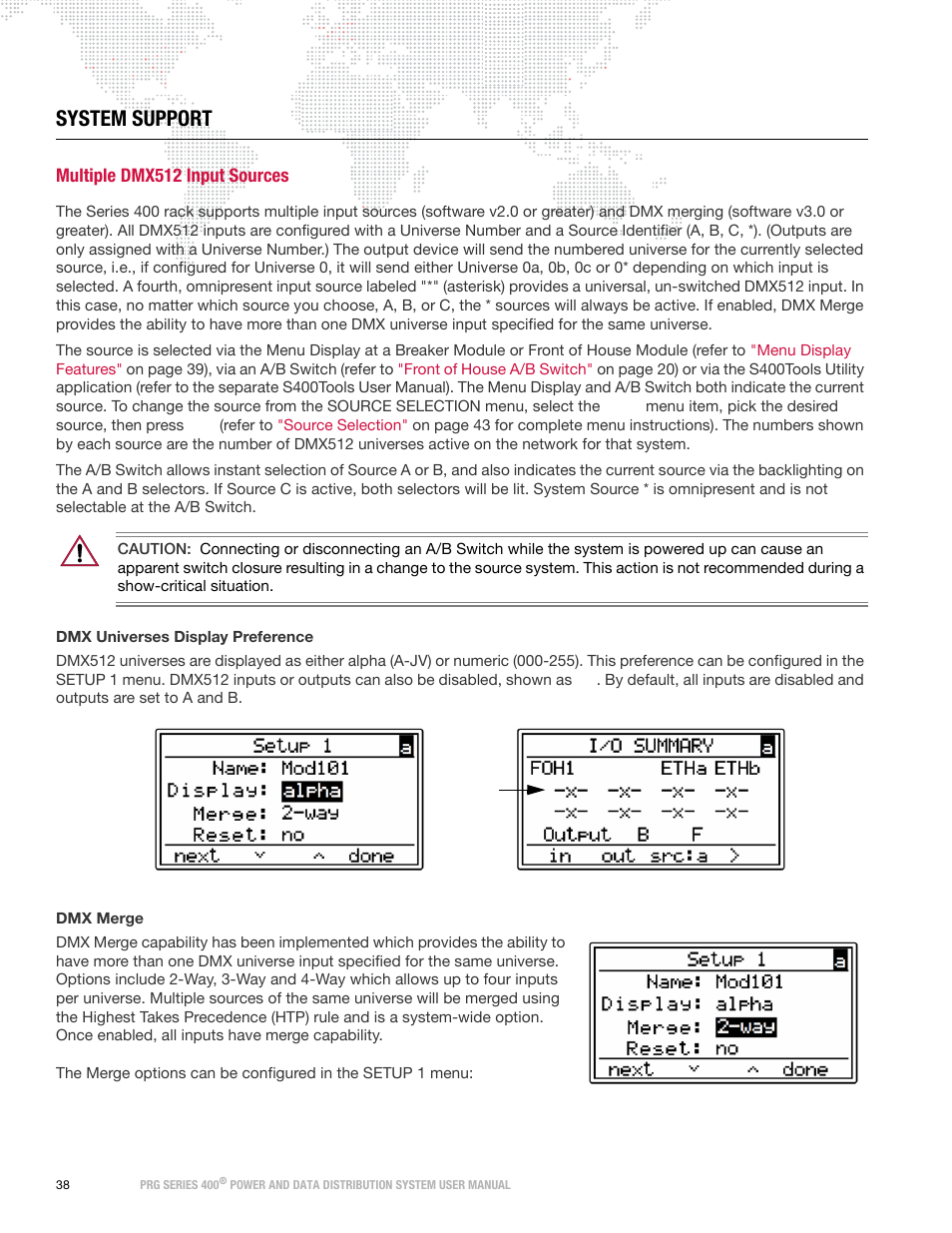 System support, Multiple dmx512 input sources | PRG S400 User Manual 3.1 User Manual | Page 44 / 66