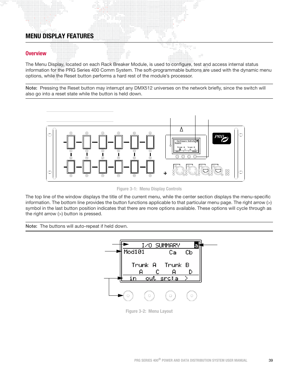 Menu display features, Overview, Menu display | Features, 208v | PRG S400 User Manual 3.1 User Manual | Page 45 / 66