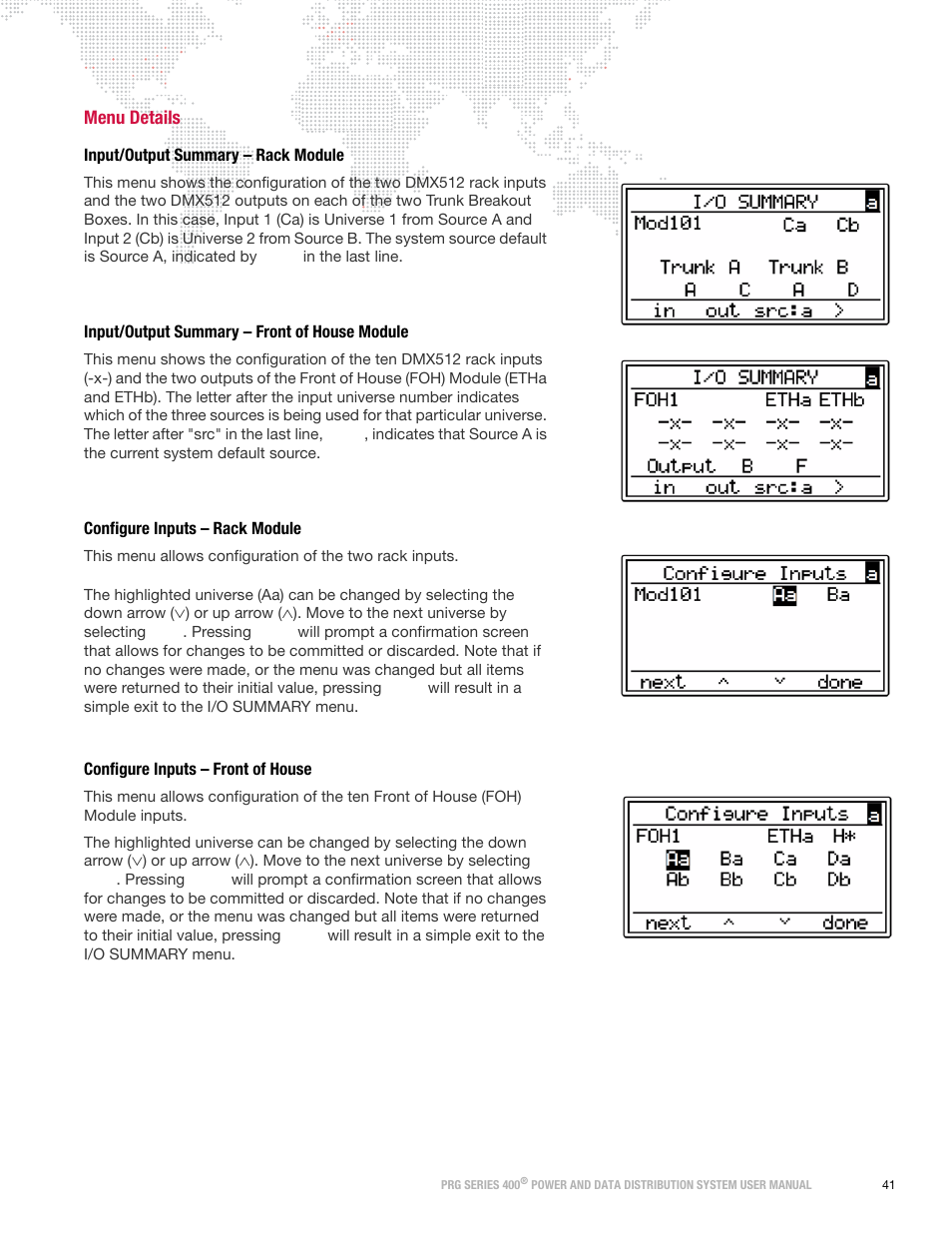 Menu details, Input/output summary - rack module, Input/output summary - front of house module | Configure inputs - rack module, Configure inputs - front of house, Configure inputs – front, Of house, For more | PRG S400 User Manual 3.1 User Manual | Page 47 / 66