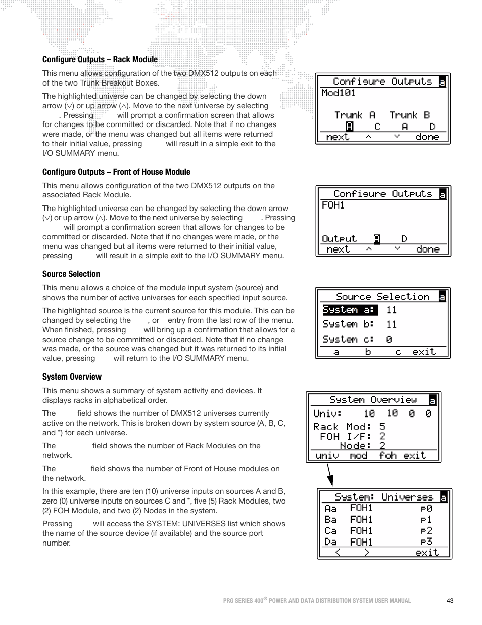Configure outputs - rack module, Configure outputs - front of house module, Source selection | System overview | PRG S400 User Manual 3.1 User Manual | Page 49 / 66