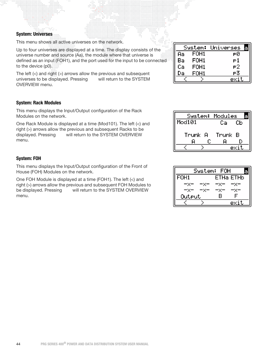 System: universes, System: rack modules, System: foh | System: universes system: rack modules system: foh | PRG S400 User Manual 3.1 User Manual | Page 50 / 66