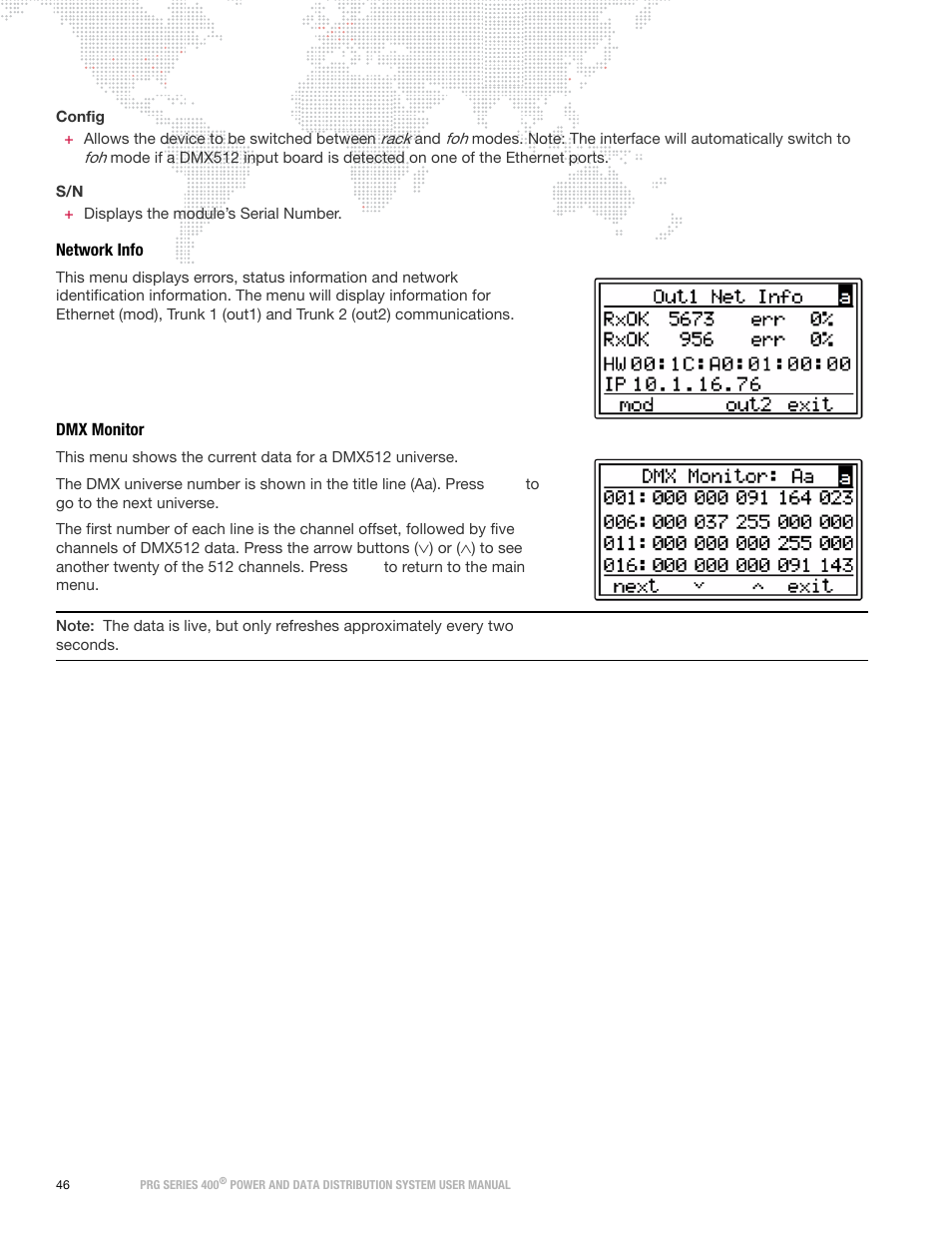 Network info, Dmx monitor, Network info dmx monitor | PRG S400 User Manual 3.1 User Manual | Page 52 / 66