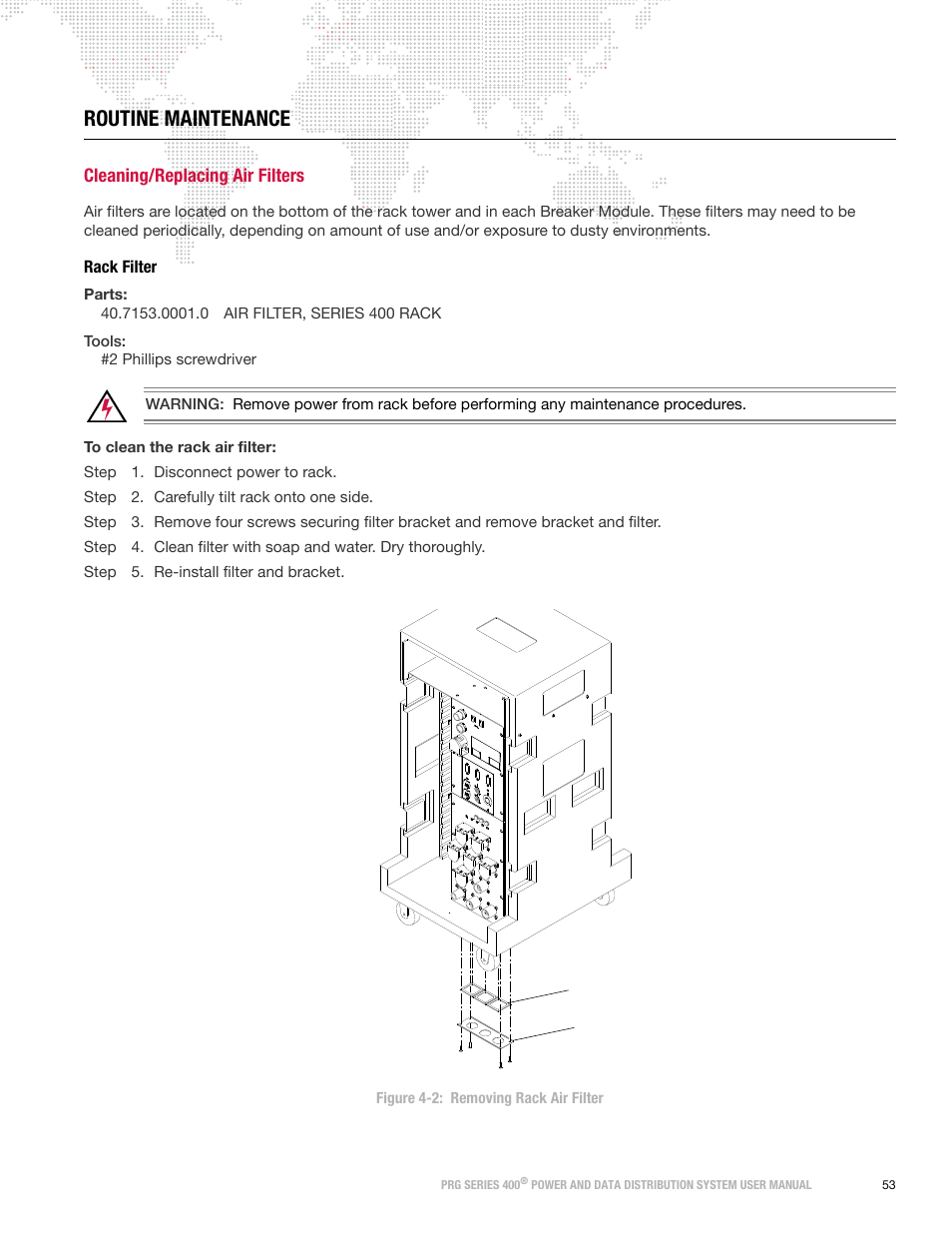 Routine maintenance, Cleaning/replacing air filters, Rack filter | PRG S400 User Manual 3.1 User Manual | Page 59 / 66