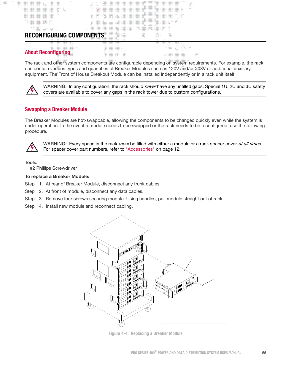 Reconfiguring components, About reconfiguring, Swapping a breaker module | PRG S400 User Manual 3.1 User Manual | Page 61 / 66