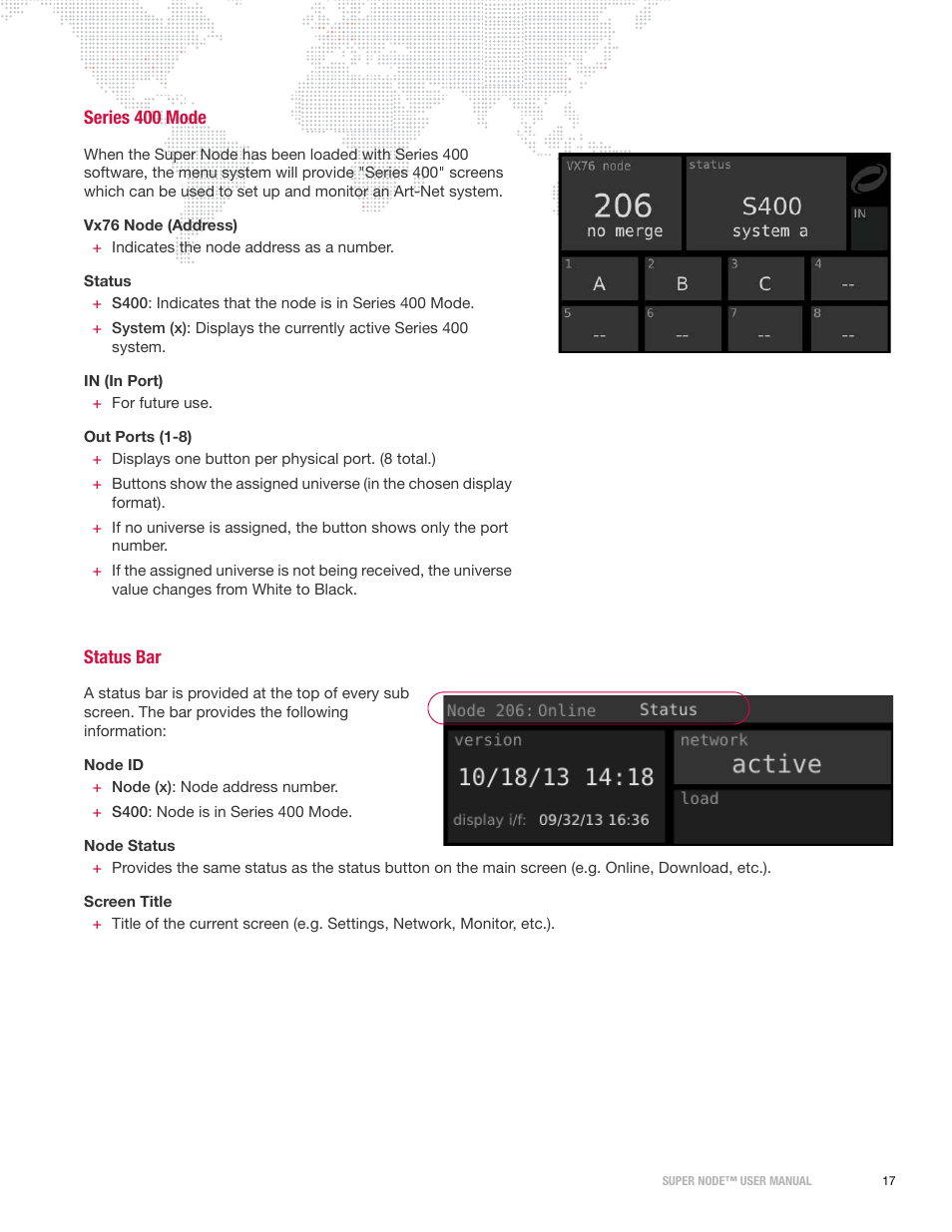 Series 400 mode, Status bar | PRG Super Node User Manual | Page 19 / 26