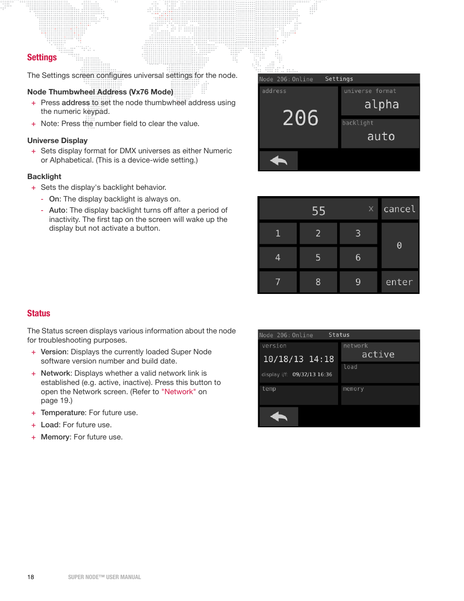 Settings, Status | PRG Super Node User Manual | Page 20 / 26