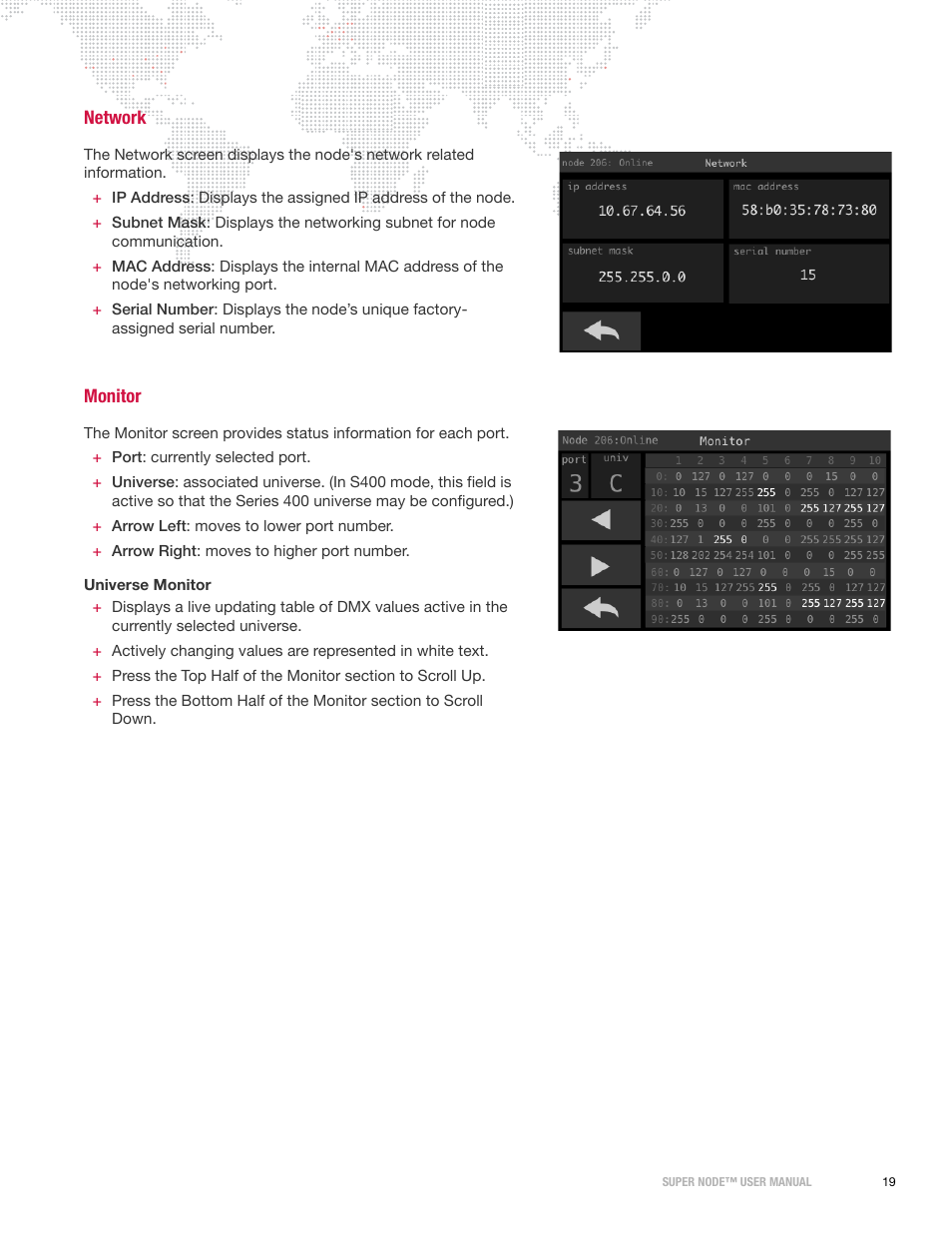 Network, Monitor | PRG Super Node User Manual | Page 21 / 26