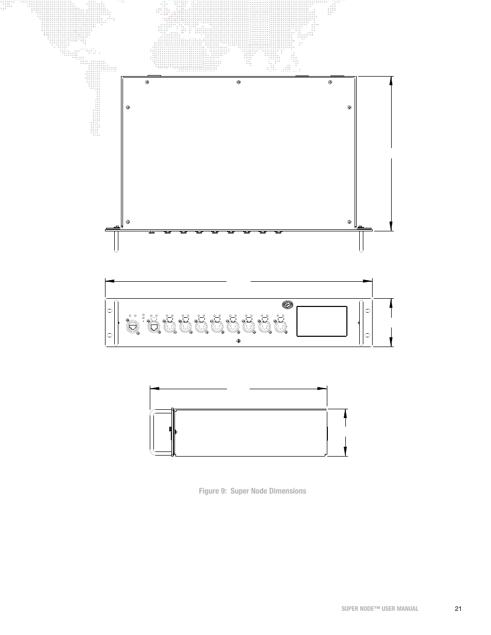 Figure 9: super node dimensions, Front view side view top view, Super node™ user manual 21 | Super node | PRG Super Node User Manual | Page 23 / 26