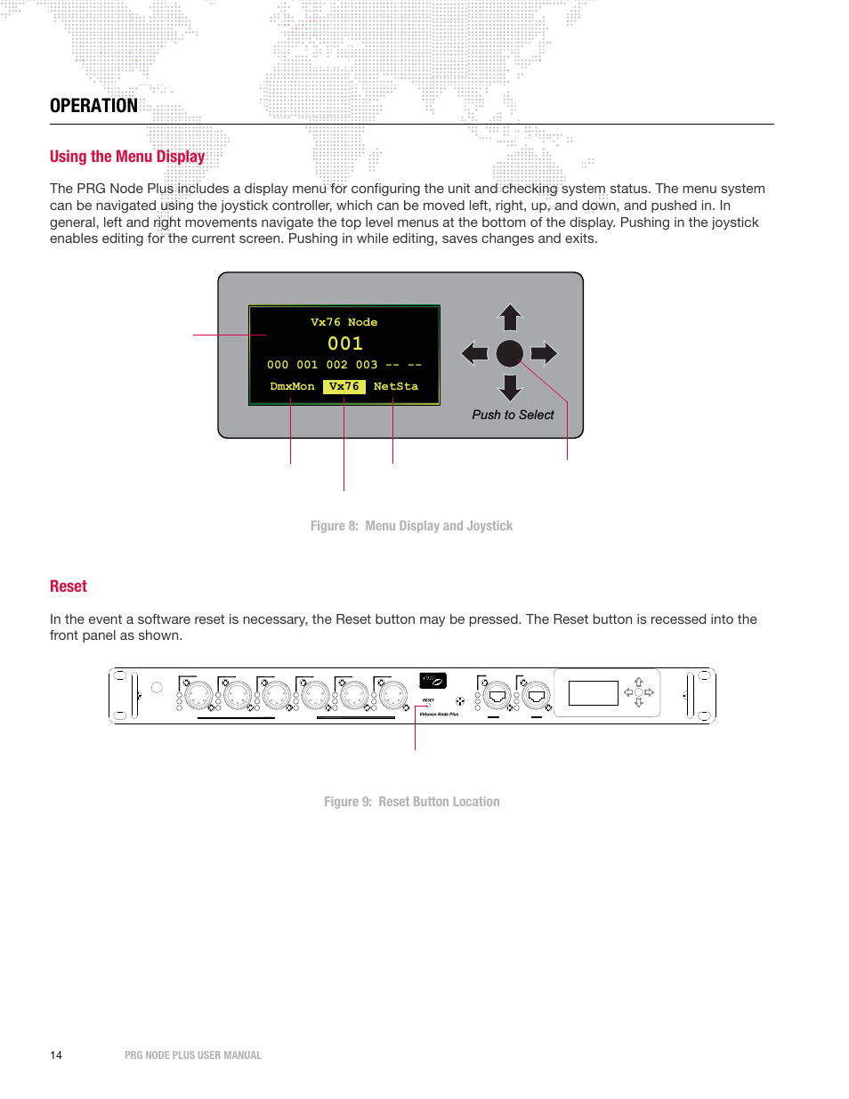 Operation, Using the menu display, Reset | Push to select push to select push to select | PRG Node Plus User Manual | Page 16 / 26