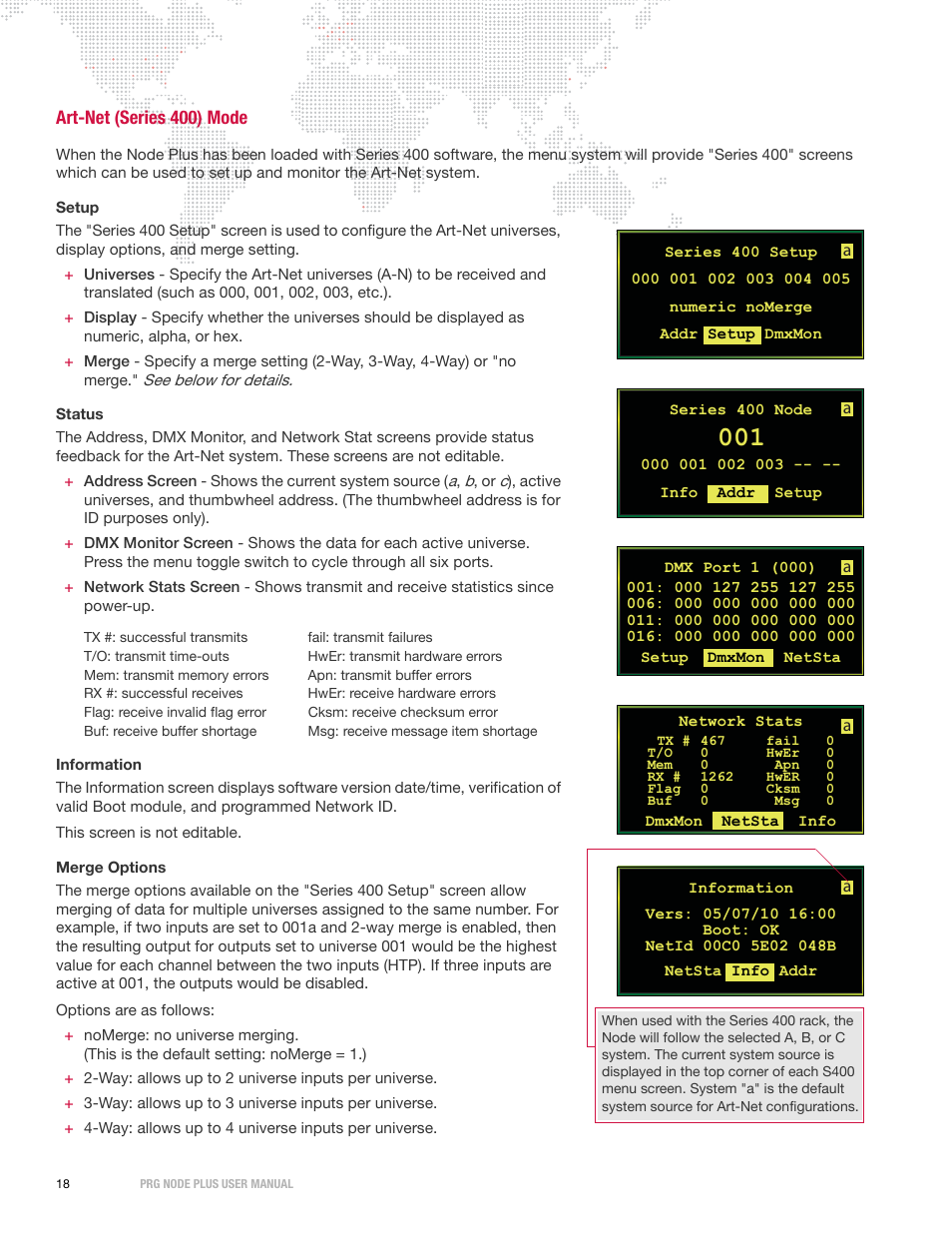 Art-net (series 400) mode, Merge options | PRG Node Plus User Manual | Page 20 / 26