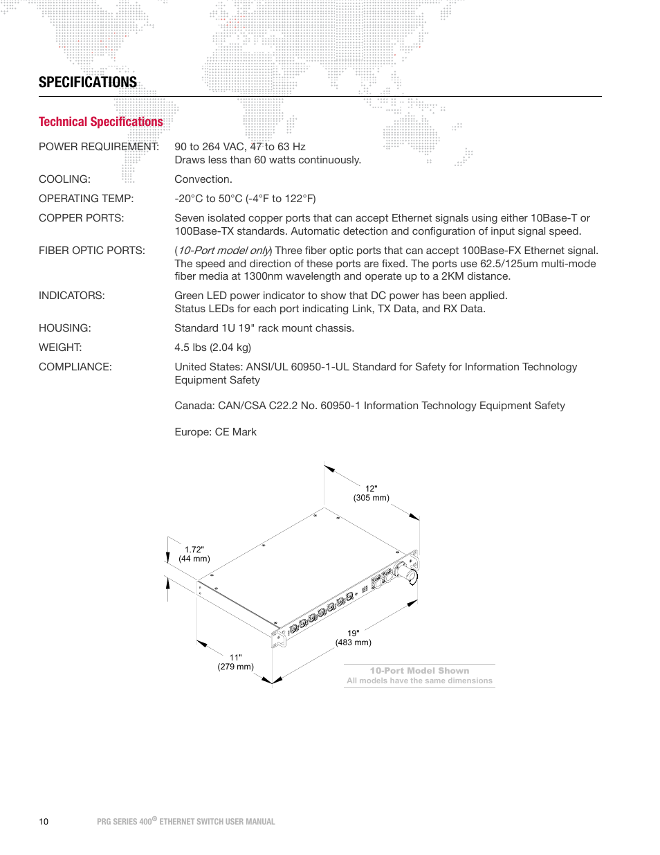 Specifications, Technical specifications | PRG Ethernet Switch User Manual | Page 12 / 14