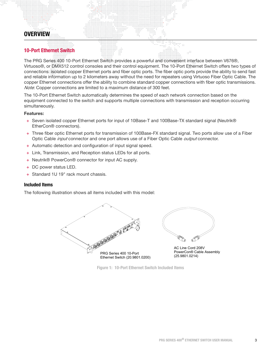 Overview, Port ethernet switch, Included items | PRG Ethernet Switch User Manual | Page 5 / 14