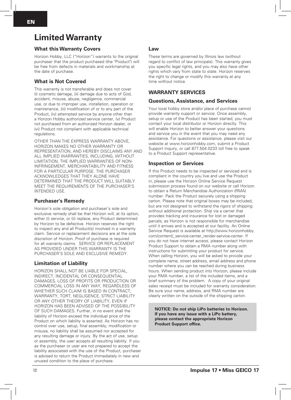 Limited warranty, What this warranty covers, What is not covered | Purchaser's remedy, Limitation of liability, Inspection or services, Impulse 17 • miss geico 17 | Pro Boat PRB0400 User Manual | Page 12 / 14