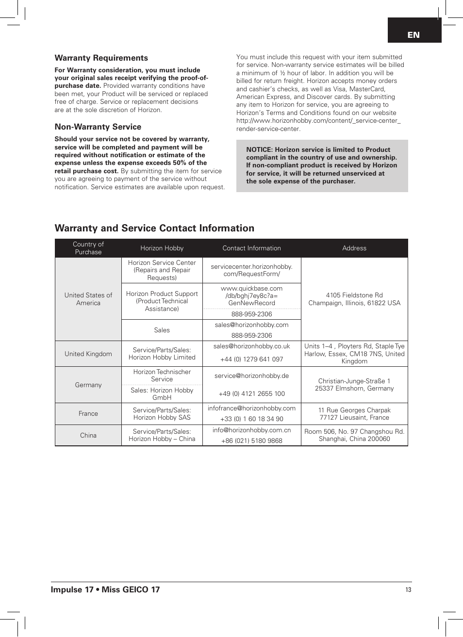 Warranty and service contact information, En warranty requirements, Non-warranty service | Impulse 17 • miss geico 17 | Pro Boat PRB0400 User Manual | Page 13 / 14