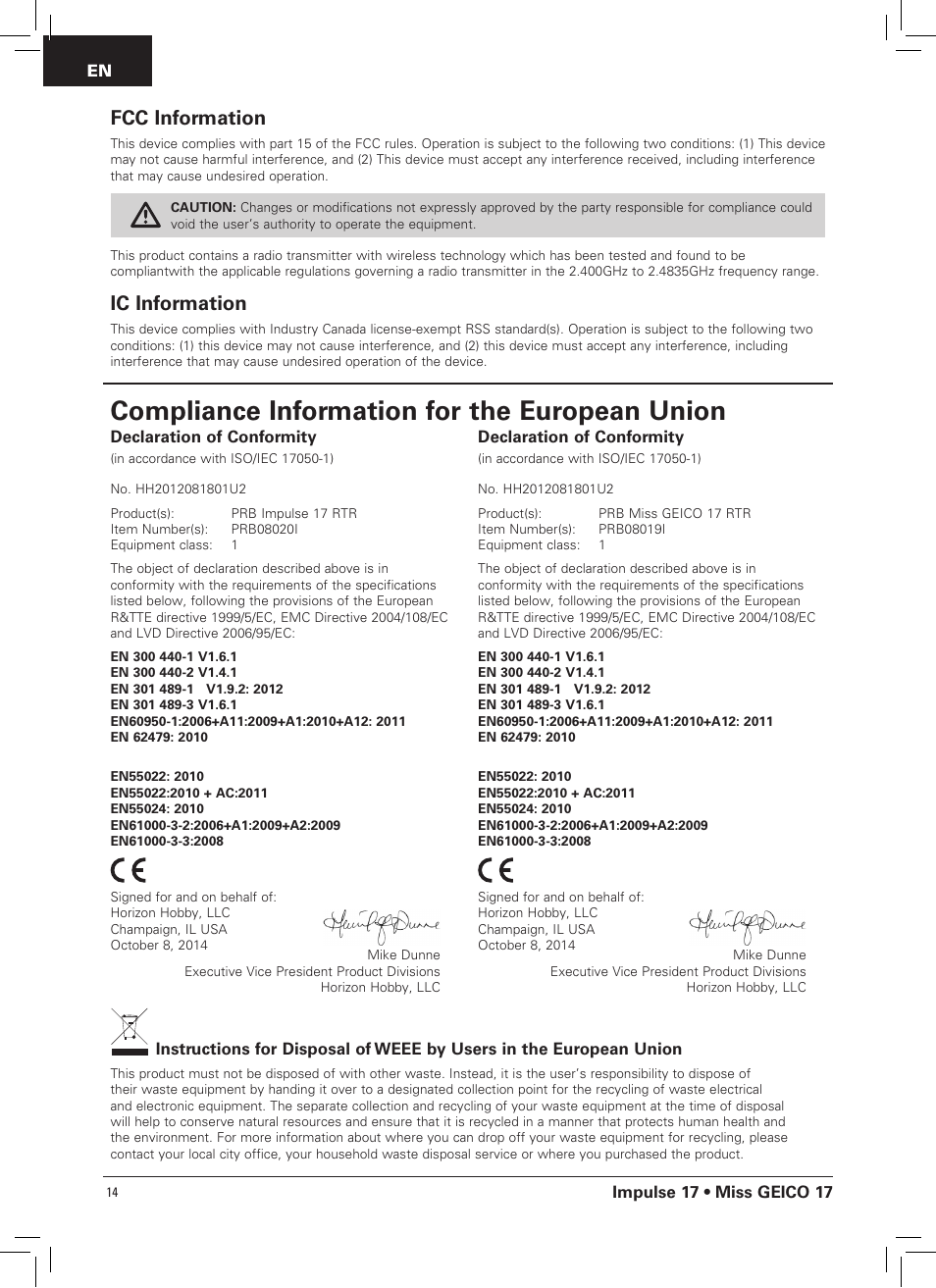 Compliance information for the european union, Fcc information, Ic information | Pro Boat PRB0400 User Manual | Page 14 / 14