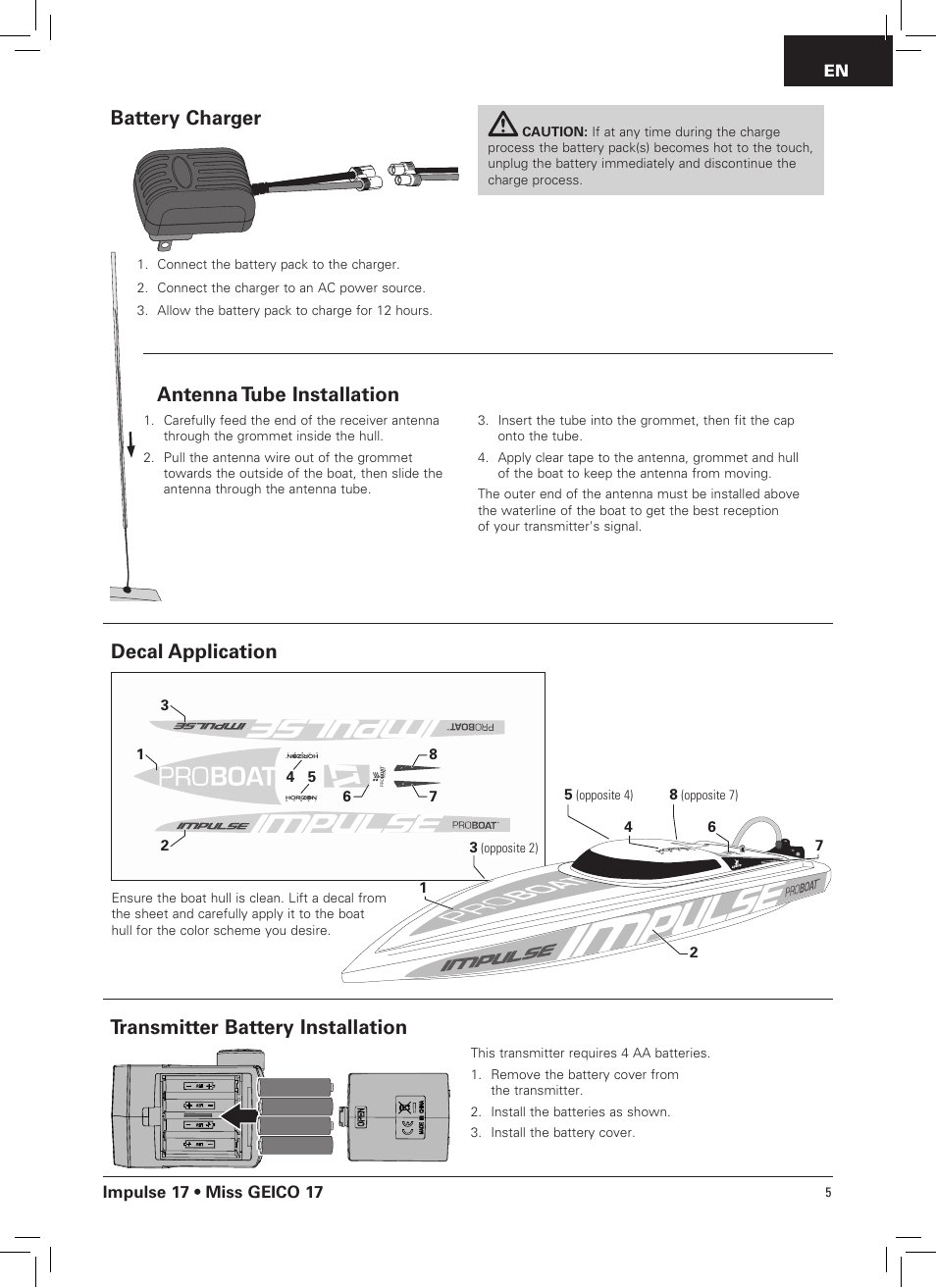 Antenna tube installation, Decal application transmitter battery installation, Battery charger | Pro Boat PRB0400 User Manual | Page 5 / 14