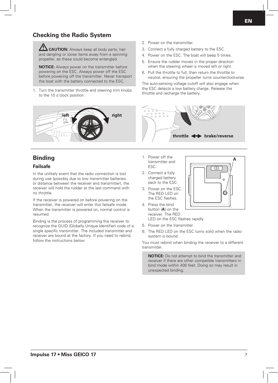 Checking the radio system, Binding | Pro Boat PRB0400 User Manual | Page 7 / 14