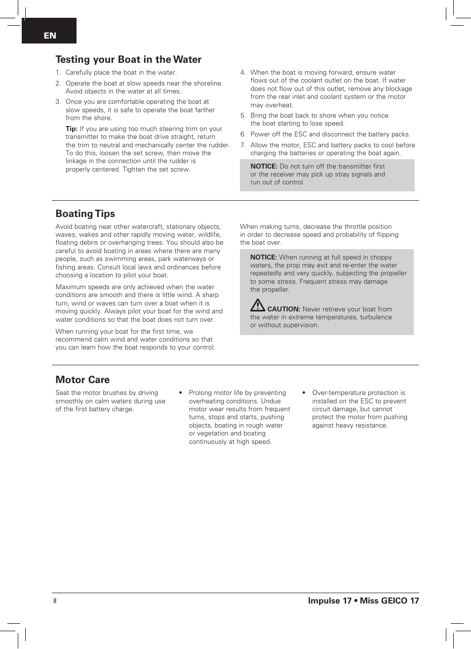 Testing your boat in the water, Boating tips, Motor care | Impulse 17 • miss geico 17 | Pro Boat PRB0400 User Manual | Page 8 / 14