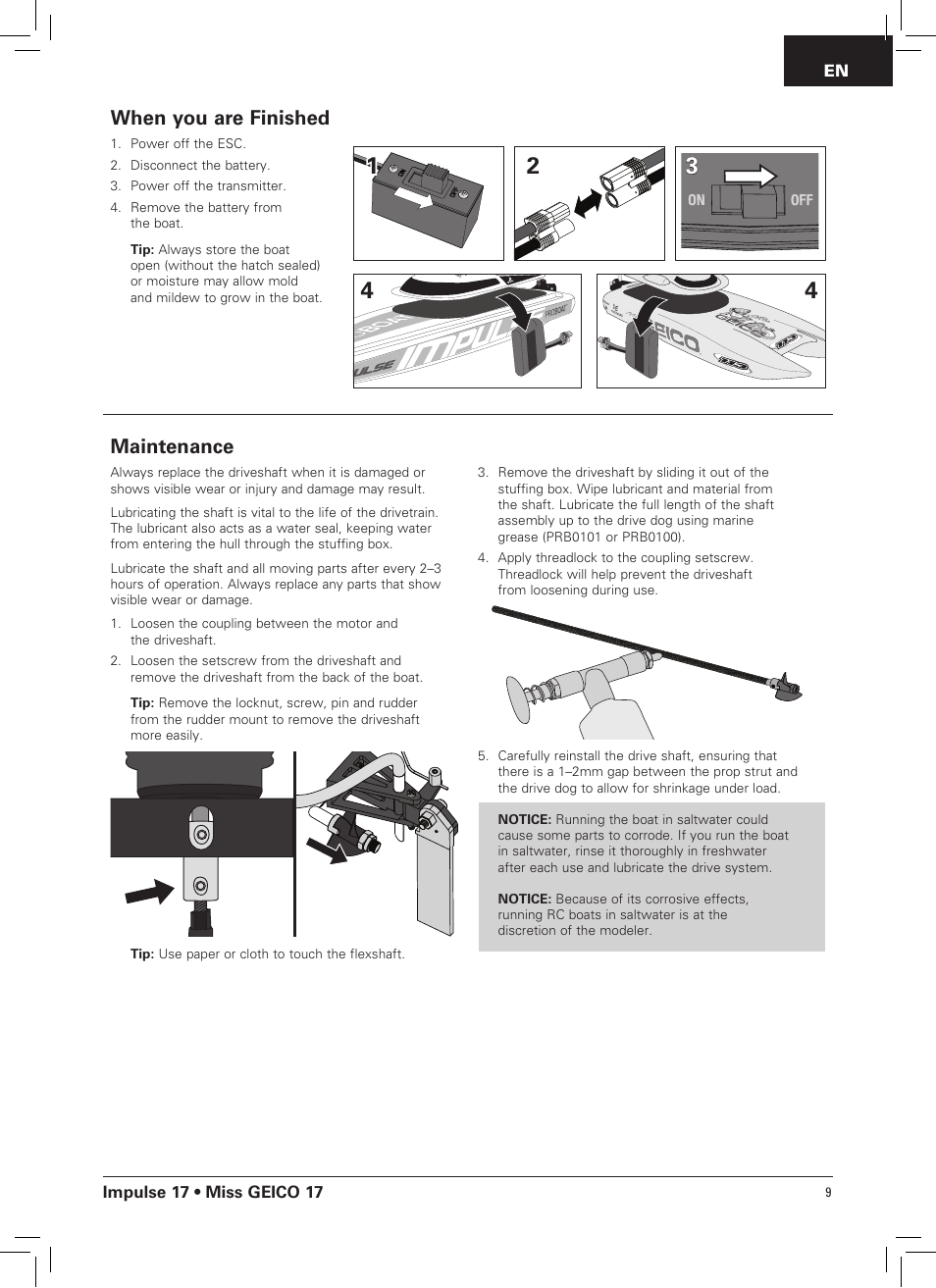 Maintenance, When you are finished | Pro Boat PRB0400 User Manual | Page 9 / 14