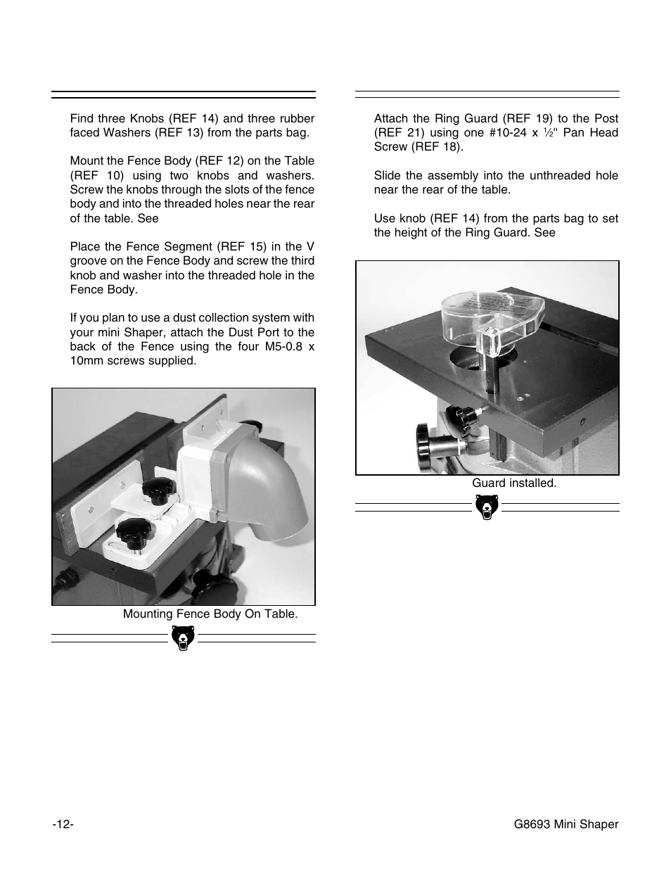 Fence, Ring guard | Craftsman G8693 User Manual | Page 12 / 30