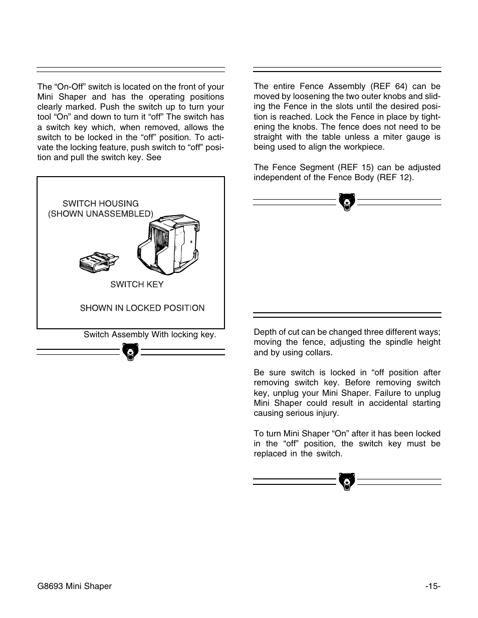 On-off switch, Fence, Depth of cut | Craftsman G8693 User Manual | Page 15 / 30