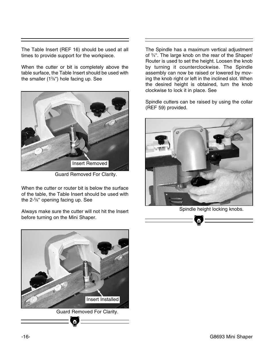 Spindle height, Table insert | Craftsman G8693 User Manual | Page 16 / 30