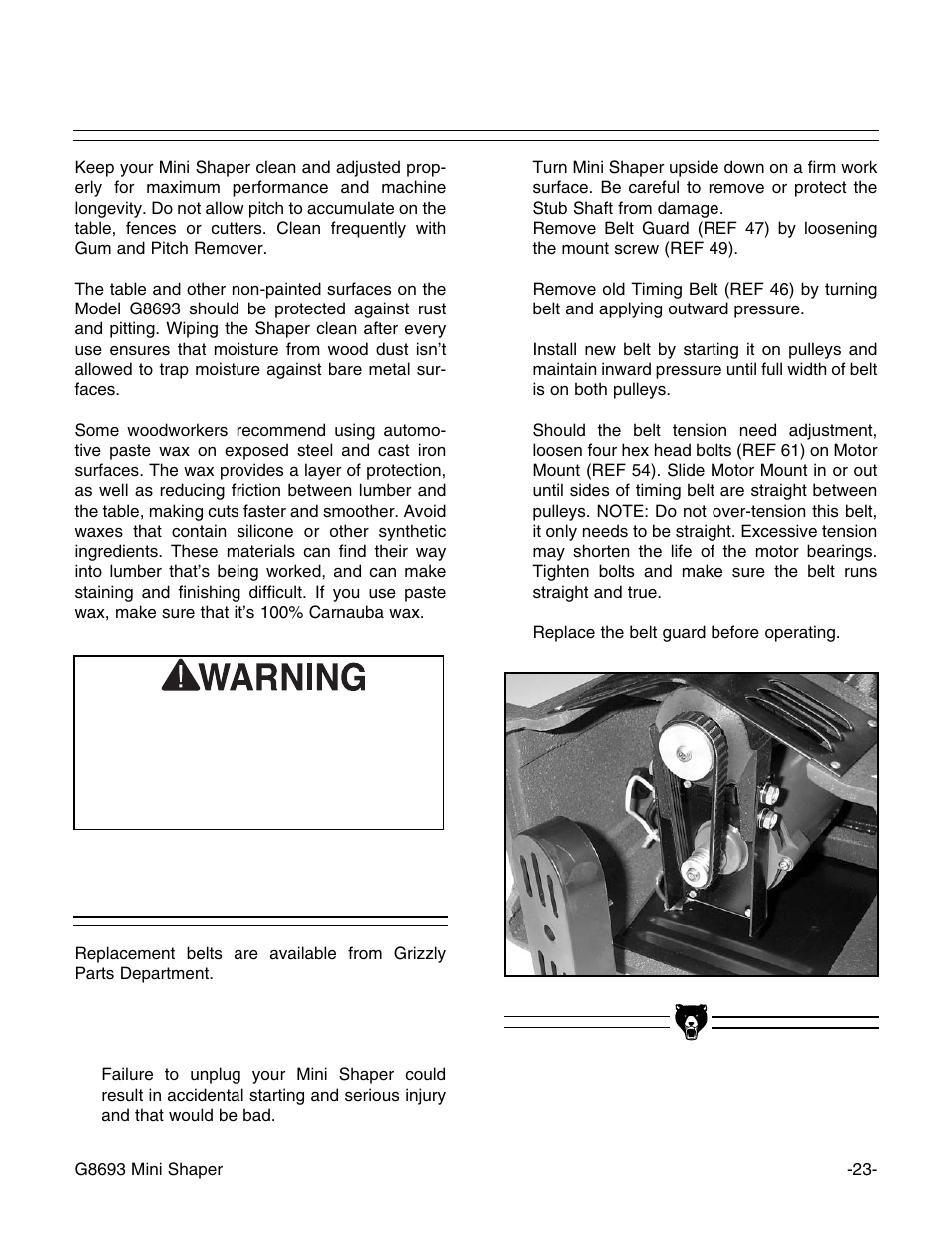 Belt replacement | Craftsman G8693 User Manual | Page 23 / 30