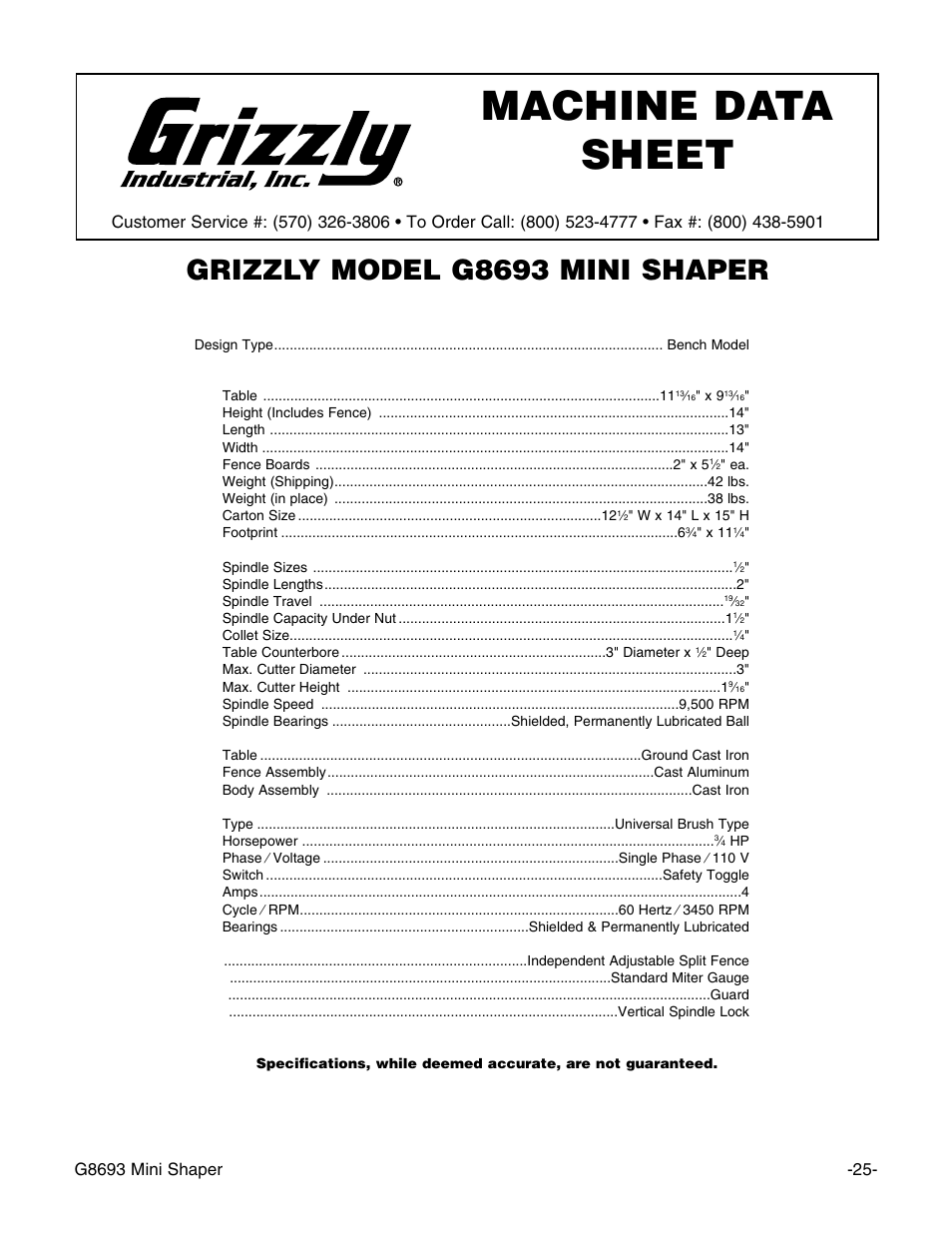 Machine data sheet, Grizzly model g8693 mini shaper | Craftsman G8693 User Manual | Page 25 / 30