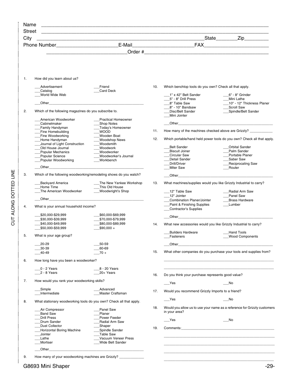 Warranty card, Cut along dotted line | Craftsman G8693 User Manual | Page 29 / 30