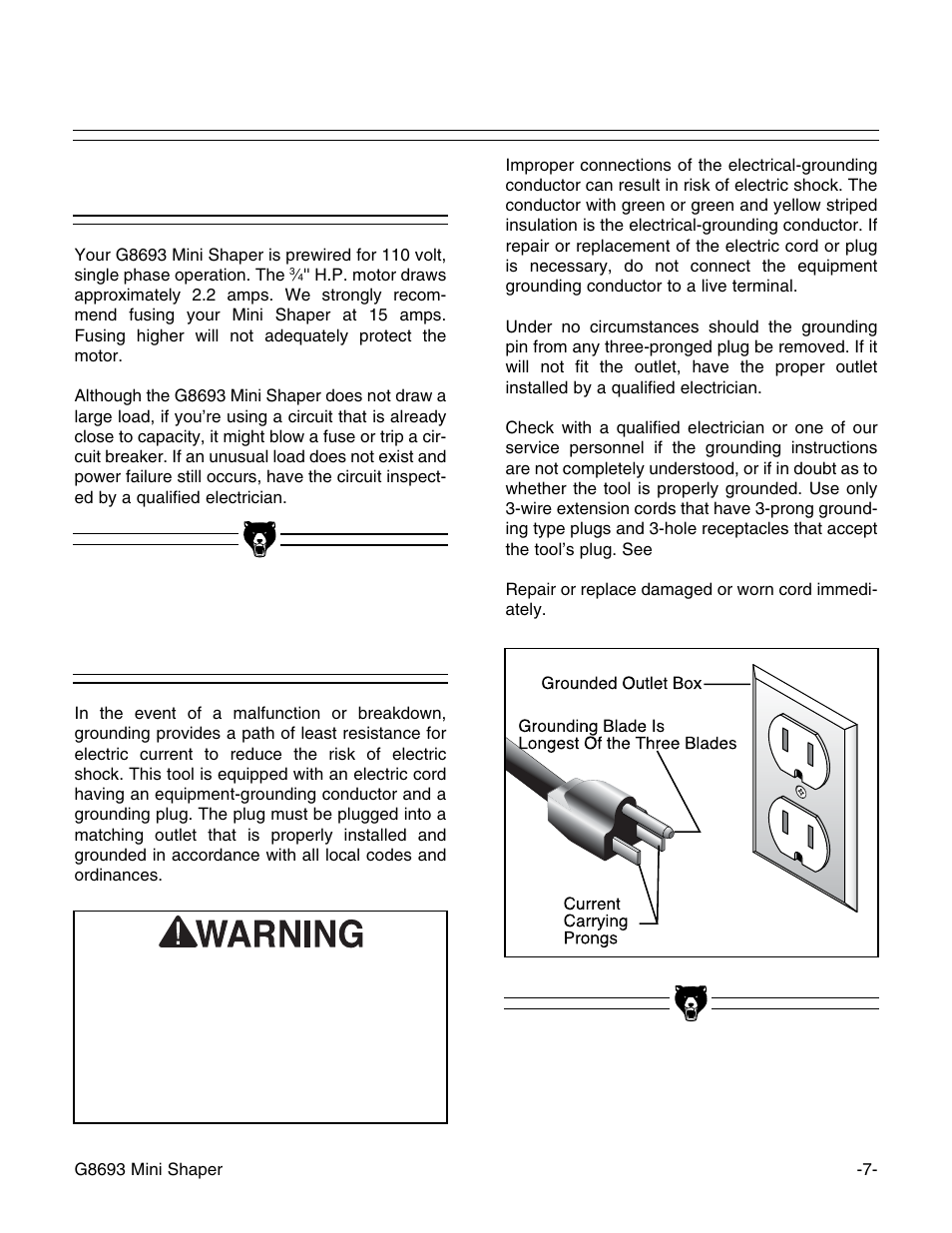 110v operation, Grounding | Craftsman G8693 User Manual | Page 7 / 30