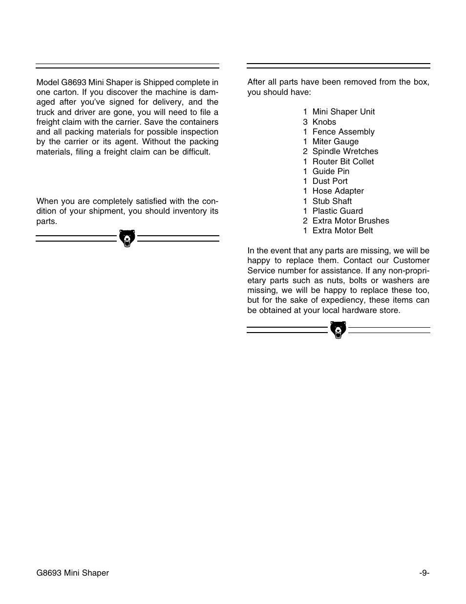 Parts inventory, Unpacking | Craftsman G8693 User Manual | Page 9 / 30