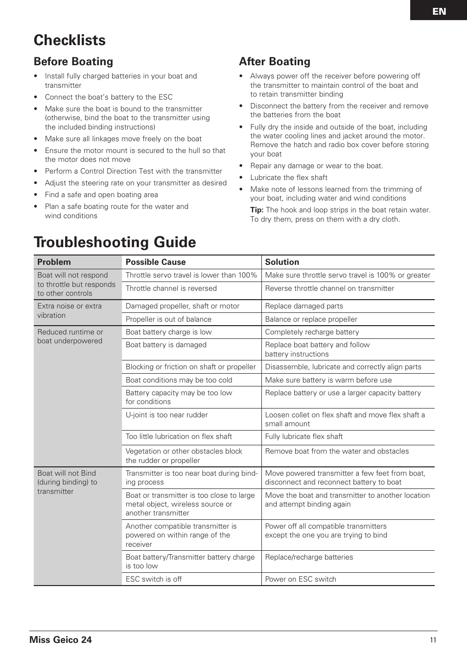 Checklists, Troubleshooting guide, Before boating | After boating | Pro Boat PRB0500 User Manual | Page 11 / 60
